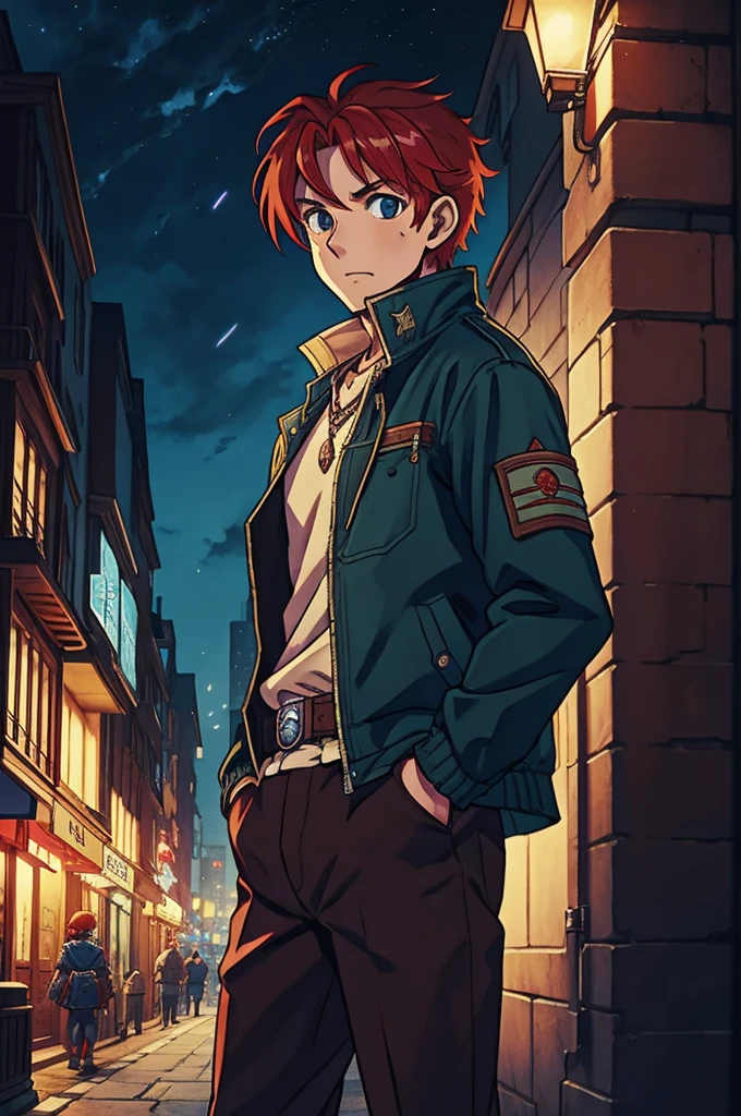 redhead adol christin from ys games wearing adiddas jacket, hands on his pocket, in the city, at night, anime style, ys art style, nihon falcom art style, 8k