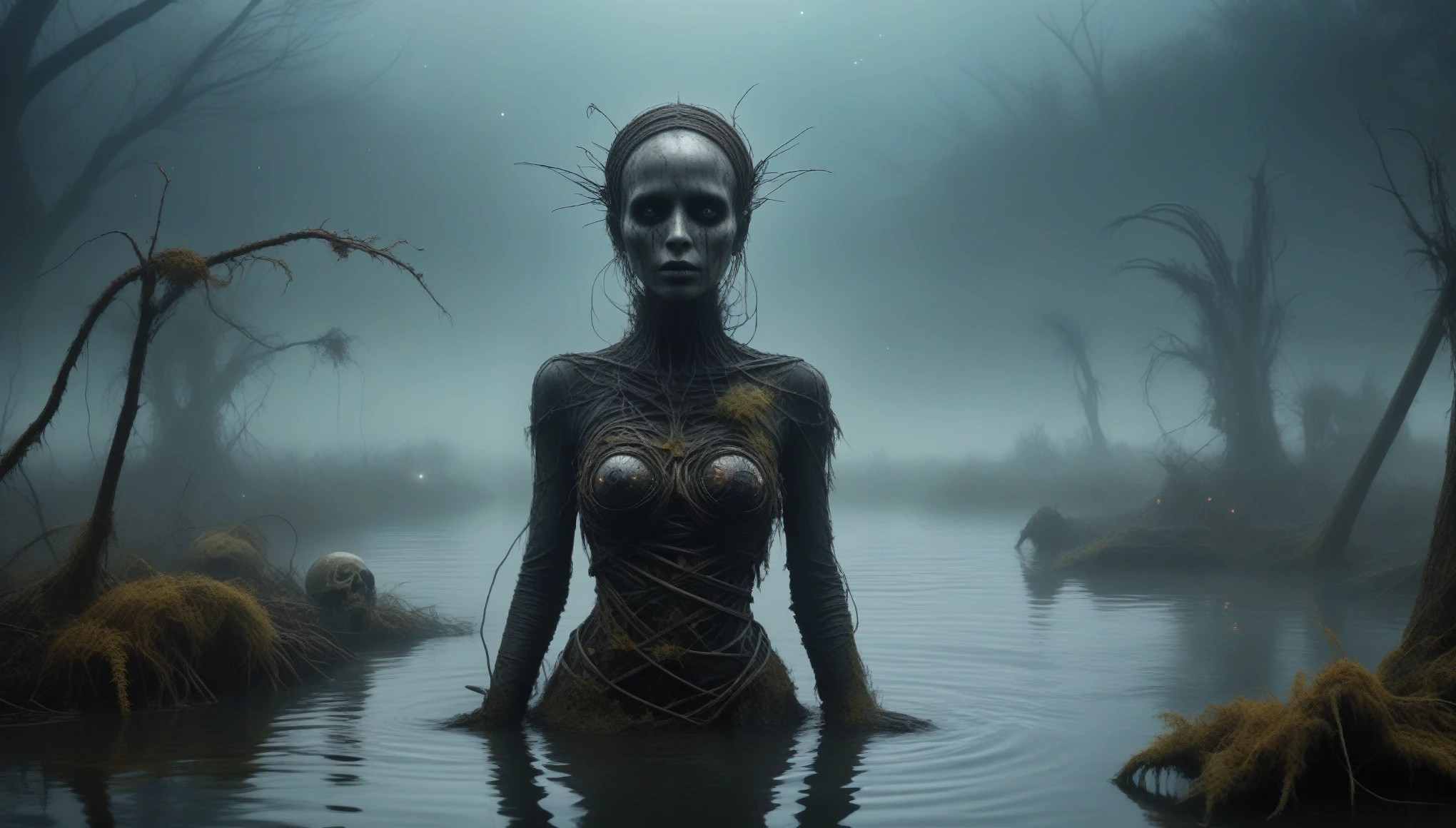 young graphite witch's mummy made of dead plants crawling out the water in a foggy marsh, radioactive atmosphere,charcoal abandoned mechanical clockwork Spaceship, steampunk dark horror fantasy, ominous landscapes,large number of stars fly towards the viewer,radioactive world,ruined theme,lots of toxic dust,amazon,full body length,once pretty face,full body length, eerie atmosphere, ethereal presence, toxic mists, supernatural entities, sinister aura, dark and twisted branches, macabre elements, eerie and ominous lighting,Complicated detail,captivating creation,intricate details,extremely detailed,masterpiece,intricate details,eyes extremely detailed, high detailed eyes,32k resolution, Nikon Z9,After tsunamis,like Stone Forest in Yunnan Province of China,Simon Stalenhag,Nicola Samori,Wangechi Mutu, horror movie, cinematic look, creepy aesthetic, ultra detailed, photorealistic, masterpiece.