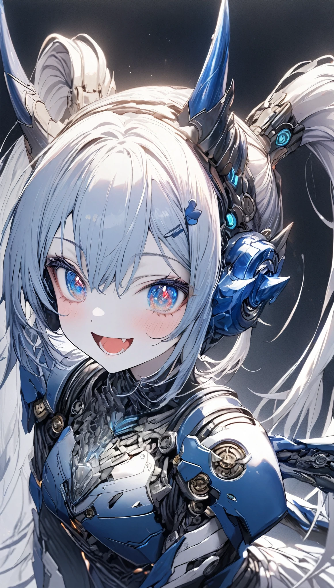 score_9, score_8_up, score_7_up, best quality ,masterpiece, 4k, cowboy shot, ((no hat:1.3)), Japanese anime, 1girl, (white skin:1.2), navy blue hair, twin tails, blue ribbon, (mechanical dragonhorn:1.5), (mechanical wing:1.2), (eye lashes:1.3), (eye shadow:1.3), blue eyes, (beautiful detailed eyes:1.4), (laugh:1.4), 130cm tall, original character, fantasy, (black background:1.2), beautiful fingers, (blue black lace frill armor dress:1.5), (mechanical headgear:1.5) , shoot from front, looking at viewer  , 