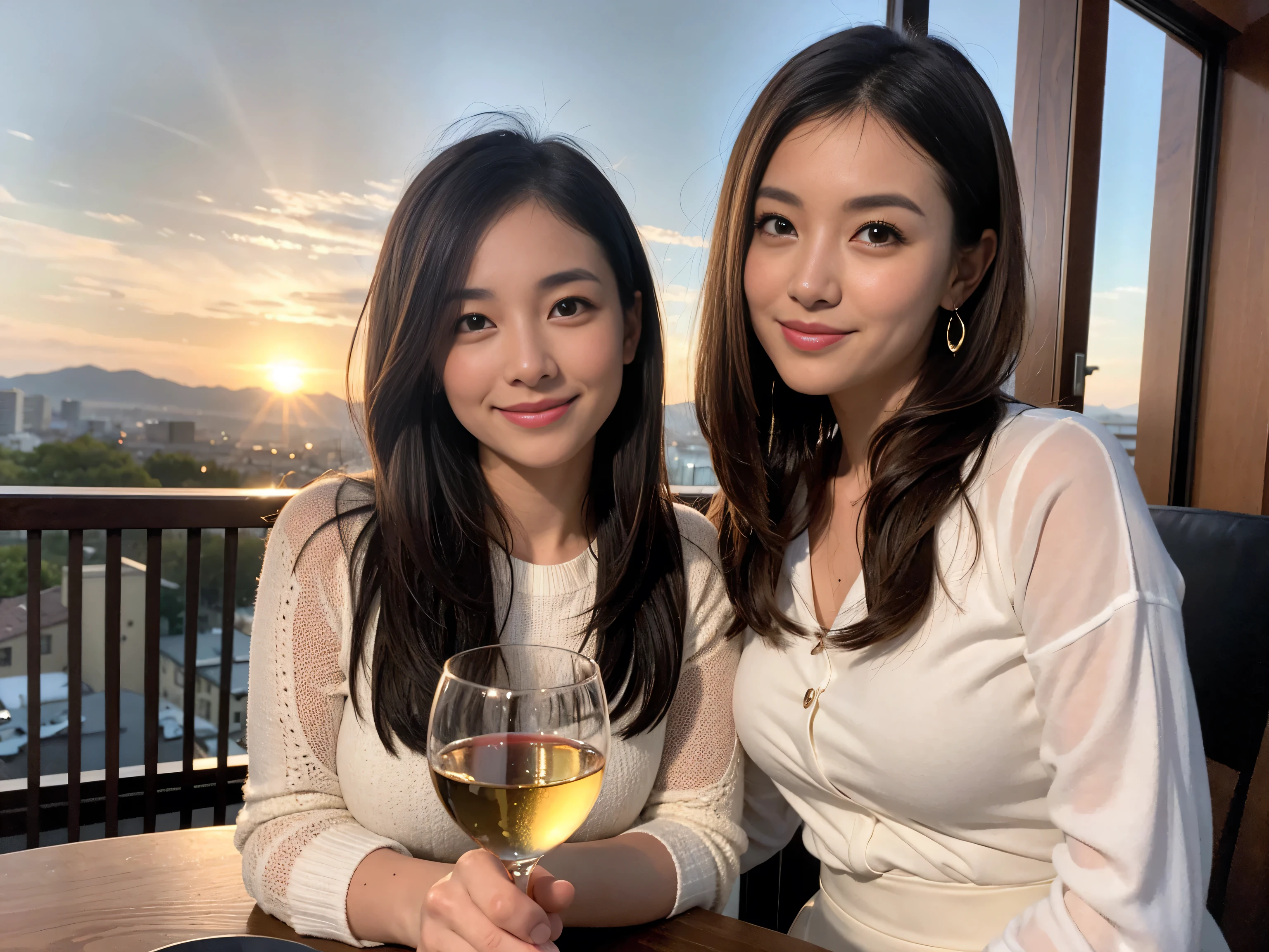 ((highest quality、8k、masterpiece:1.3))、1 male、1 female、Couple、Spouse、Satomi Ishihara-like beautiful couple、The body is slim、((Bob Hale、Straight hair:1.2)), (Realistic, Intricate details:1.2), Wine glass on the table、Put the light on your face、 Amazing view of the sunset sky and clouds、Amazing mountain views、A bright smile、The wonderfulness of smile、Bright image、The beauty of wine, Beautiful Face, blue eyes, The light shines on your face, Blushing, short hair,Bright Face、 (Age 35), 39 years old, red wine 、Appetizers、Italian food、Wine bottle、Champagne、sparkling wine、Two beauties、Brown Hair、Shortcuts、Long sleeve shirt、dress、Pretty Woman 1, (Slim face), (The body is slim), (Brown Hair), (Shortcuts), cheeks turn a little red,Attractive beauty、restaurant, In a prominent place (From the waist up) Nova Frog Style, actress, model, Upper Body, White wine, slim, wine glass, A wine glass placed in the center, smile, (smile: 1.15), Beautiful fine grain, Depth f/2,saturation, High Contrast, Strong light and shadow,Moist Body:1.5、3D texture、Delicate eyes、Brown Hair、The hair is very shiny、