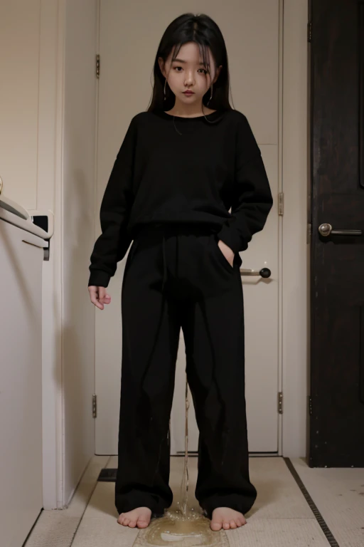 Japanese Girl sees the ghost and pees her black palazzo pants until her pants are wet in fright.