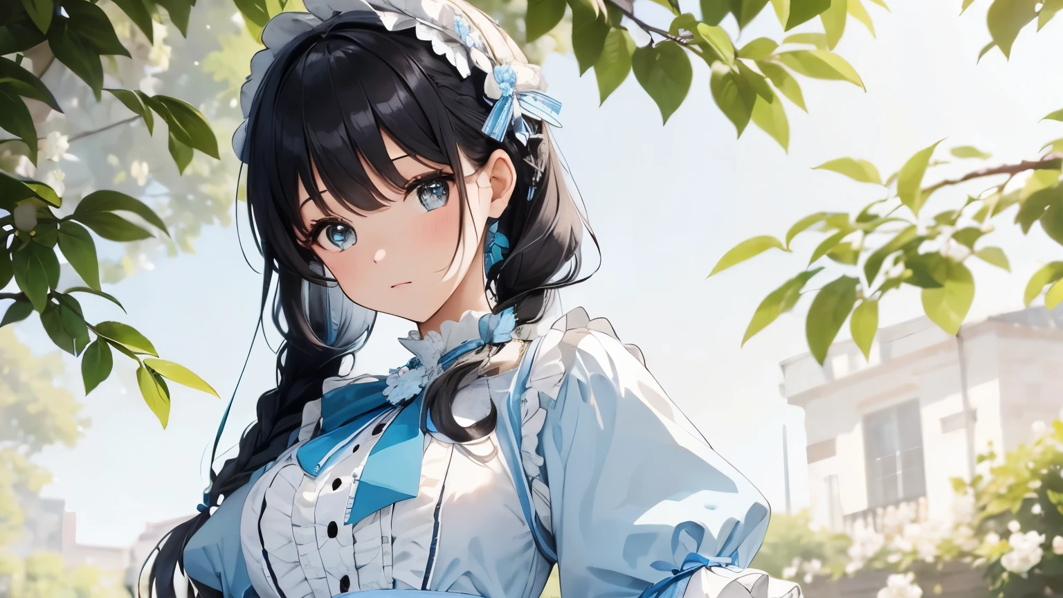 A beautiful woman wearing a light blue and white sweet lolita dress with lots of frills and lace　Black hair braid with hair ornament　Upper Body