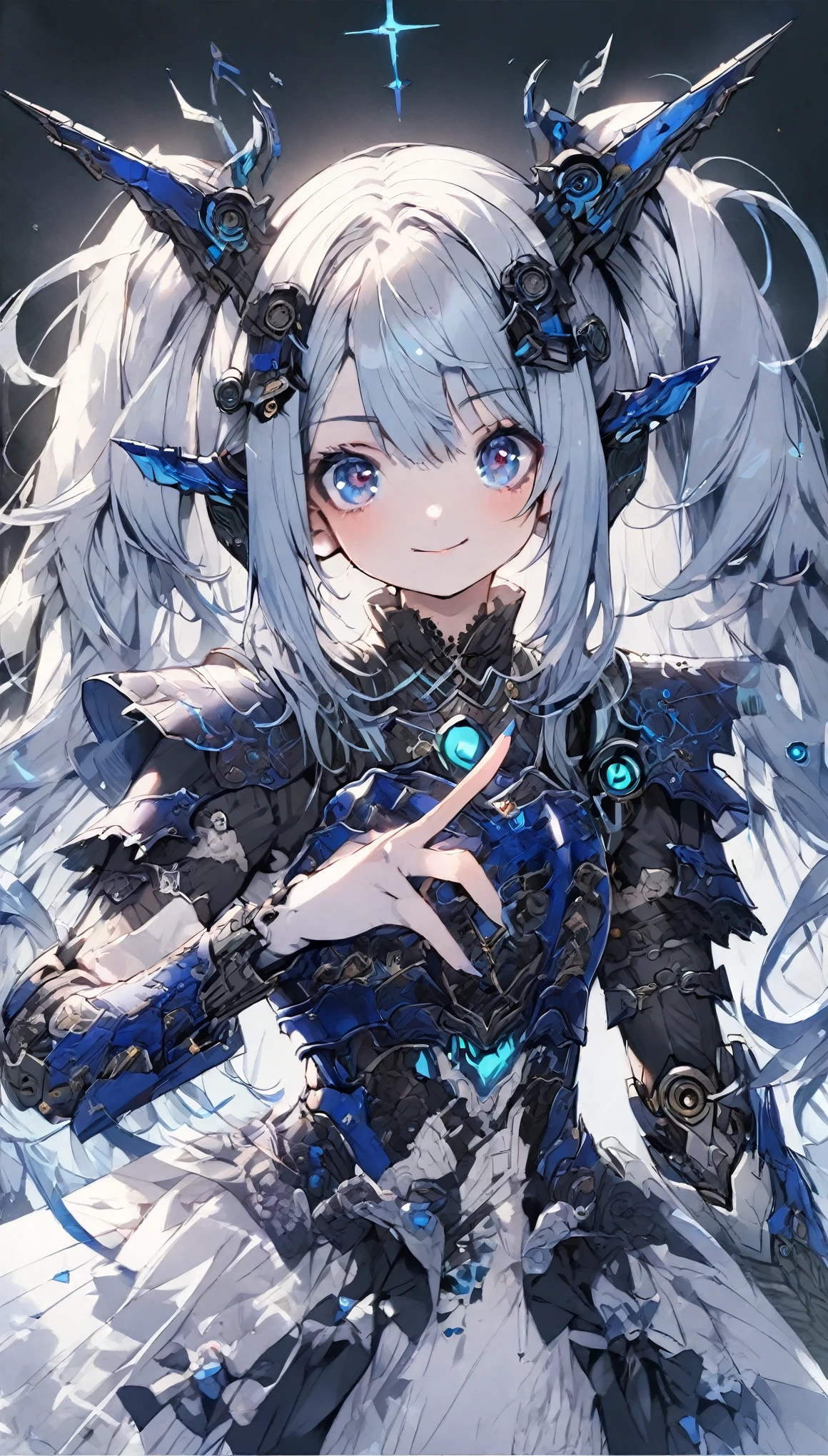 score_9, score_8_up, score_7_up, best quality ,masterpiece, 4k, full body, Japanese anime, 1girl, (white skin:1.2), navy blue hair, twin tails, blue ribbon, (mechanical dragonhorn:1.5), (mechanical wing:1.2), (eye lashes:1.3), (eye shadow:1.3), blue eyes, (beautiful detailed eyes:1.4), (laugh:1.4), 130cm tall, original character, fantasy, (black background:1.2), beautiful fingers, (blue black lace frill armor dress:1.5), (mechanical headgear:1.5) , shoot from front, looking at viewer ,
