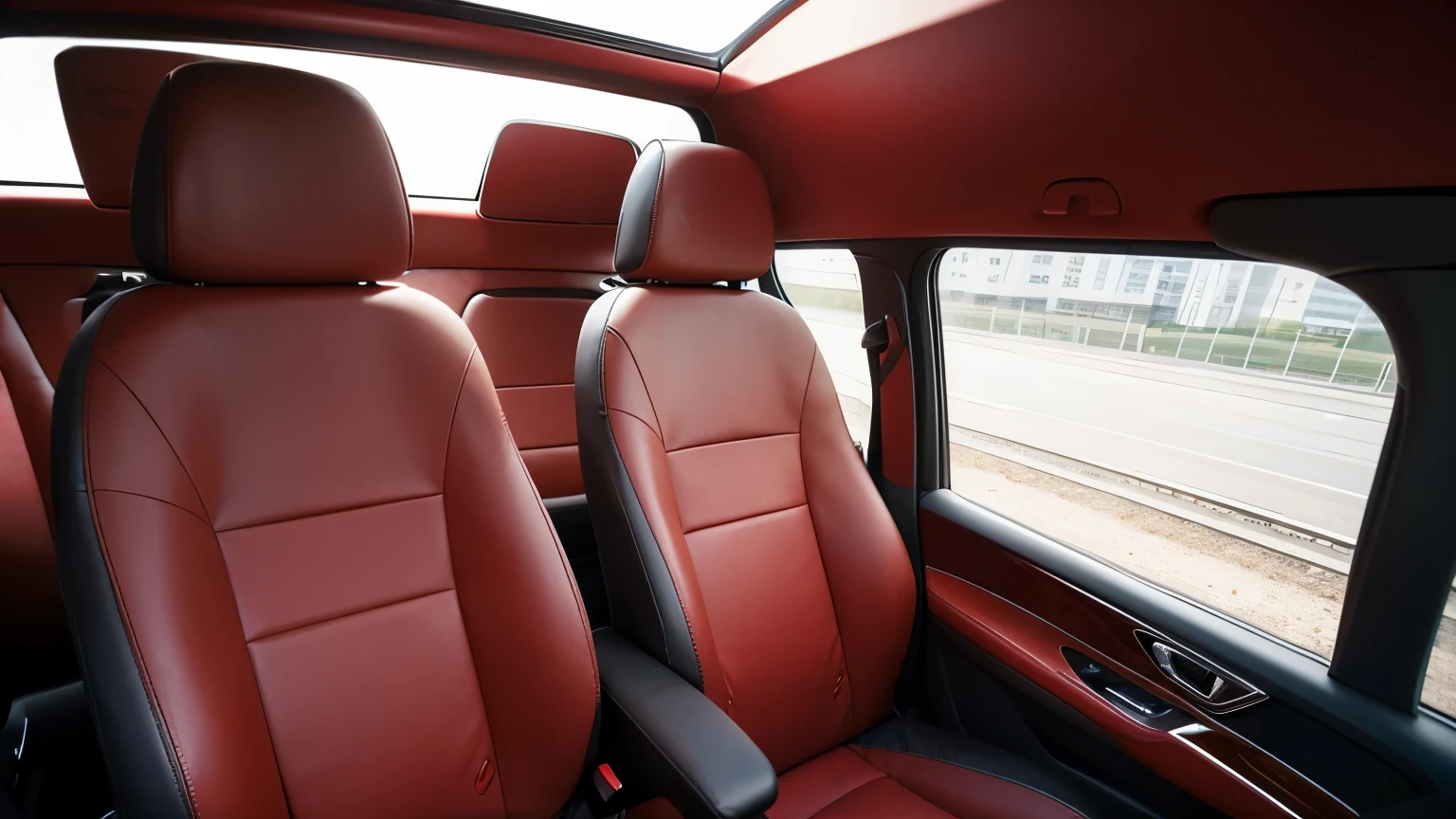 The center of the picture is the large car window,Side View,High-speed rail seats,Red seats,Large Windows,The window is in the middle,Chair on the side