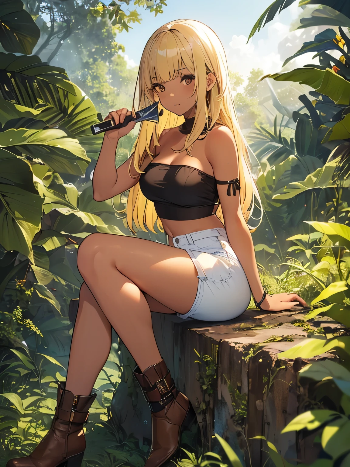 highest quality,(masterpiece),(((Whole body image))),(girl1), (Highly detailed face),Slightly round face, (Tan brown face:1.6), Boyish beauties, Beautiful lips,Grim face,Troubled face,Beautiful lips,,(Black gal:1.6),(Big eyes),(Smooth, straight, long hair:1.5),(strong blonde hair:1.6),(blunt bangs),(Brown skin:1.6),(White denim hot pants:1.3),(Camouflage pattern tube top:1.3),(Brown leather short boots:1.2),(Holding a knife:1.3),in the forest,In the jungle,Grassy ground,Woman in survival mode,Sexy thighs,Provocative Ass, (Both legs are turned inwards:1.6),Heat,Sweat heavily,Tropical forests,During a break,(Sit comfortably in the bushes:1.3), Frontal angle, Beautiful buttocks, Night Sky, Bonfire,Mysterious brightness,