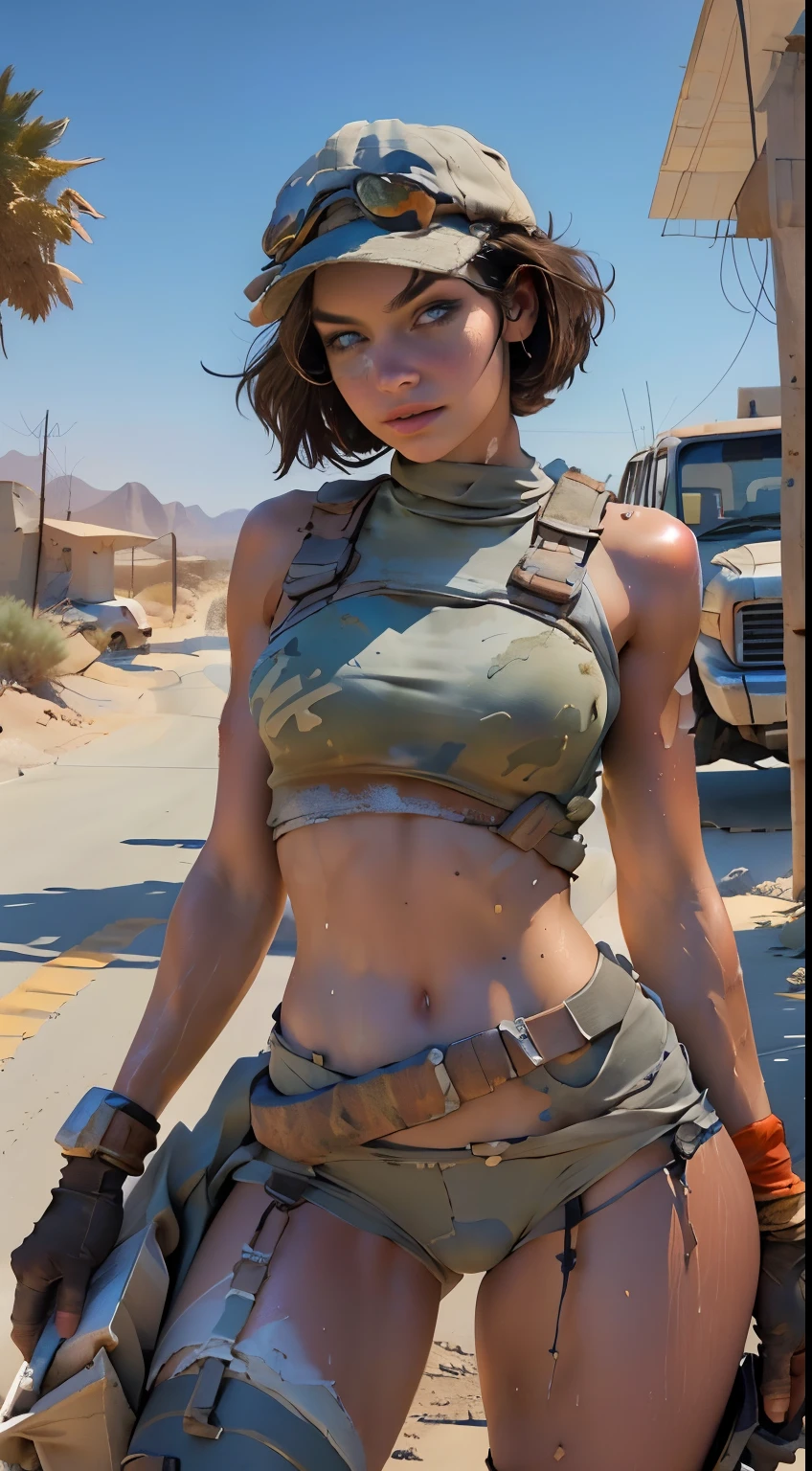 Beautiful brunette woman,sweaty body,short hair with cap,short underwear,thick thighs set body,bottom to top angle,8k,ultra realistic,on a sunny desert road,with car planes and destroyed buildings,apocalyptic scenery