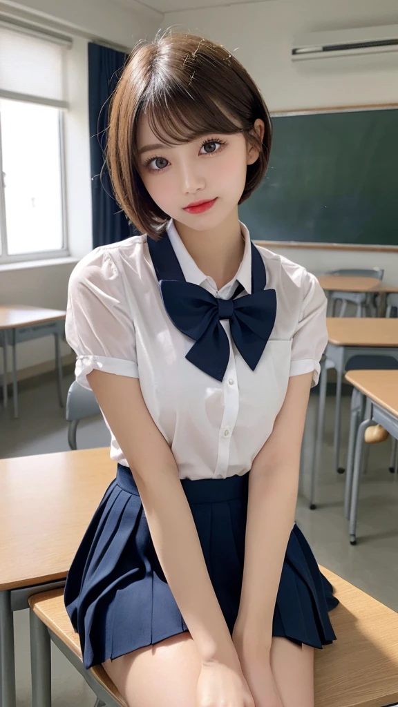  ((1 girl solo)), whole body ,A beautiful young Japanese woman, super cute face, Charming figure, big breasts , cleavage、(
short hair,pixie  cut , school Uniforms,bow :1.3),desk work,spread legs on the desk at classroom,glossy lips, double eyelids, natural makeup, long eyelashes, Sleek light brown short hair,pixie cut, asymmetrical bangs, skin shiny, central image, high resolution, high detail, Detailed face, spectacular lights, octane rendering, Energetic, Surreal, perfect limbs, perfect anatomy，The skirt is a little longer、(Droopy eyes、Natural Makeup、Ultra-high definition beauty face:1.15)、(Ultra-high resolution perfect beautiful teeth,medium breasts,slender waist:1.15)、Ultra HD Shining Eyes、Super high quality glossy lip、Accurate anatomy、(very bright and vivid:1.3)