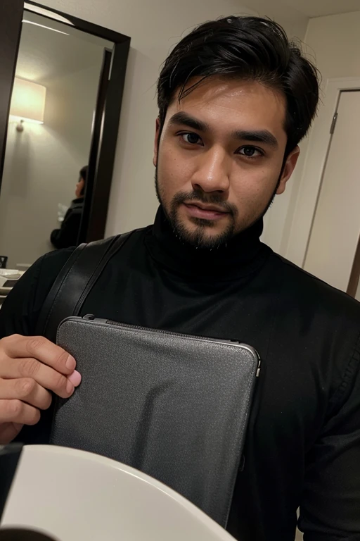 a handsome 30 year old man with an Indonesian face with a thin beard and a slightly fat body, wearing a black jacket and black turtleneck shirt is taking a photo of himself with a Samsung note 20 ultra facing the mirror in a hotel room. The picture is very realistic and super detailed
