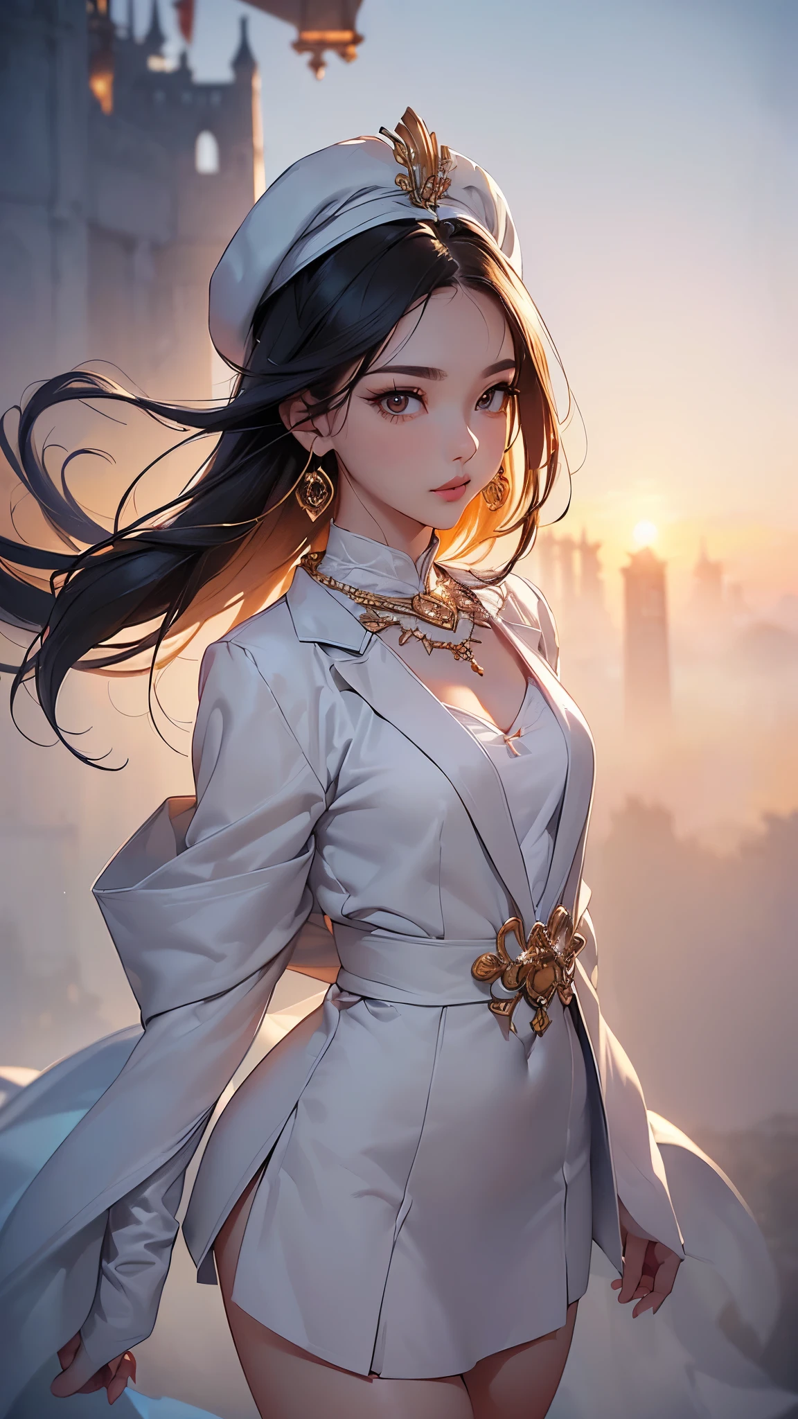 ((Biologically correct limb count))、((Full Body Shot, Full-body photo including face、Head to toe photos))、4K、masterpiece、((Focus on the face))、((Symmetrical facial features))、Eyes of meticulous depiction、Four beautiful women、Excellent style、Beautiful feet、(stockings、High heels with anklets)、Detailed depiction of the face、beret、White prim、Small earrings、necklace、((Close-up photo of the upper body))、(blazer、skirt)、Sky City、Scenery of the old castle、sunset、(Low - Angle)、(Troubled face)、((Thick morning fog all around)、I can't see anything around me)、Prone、(Blue Eyes、Blue and silver hair)