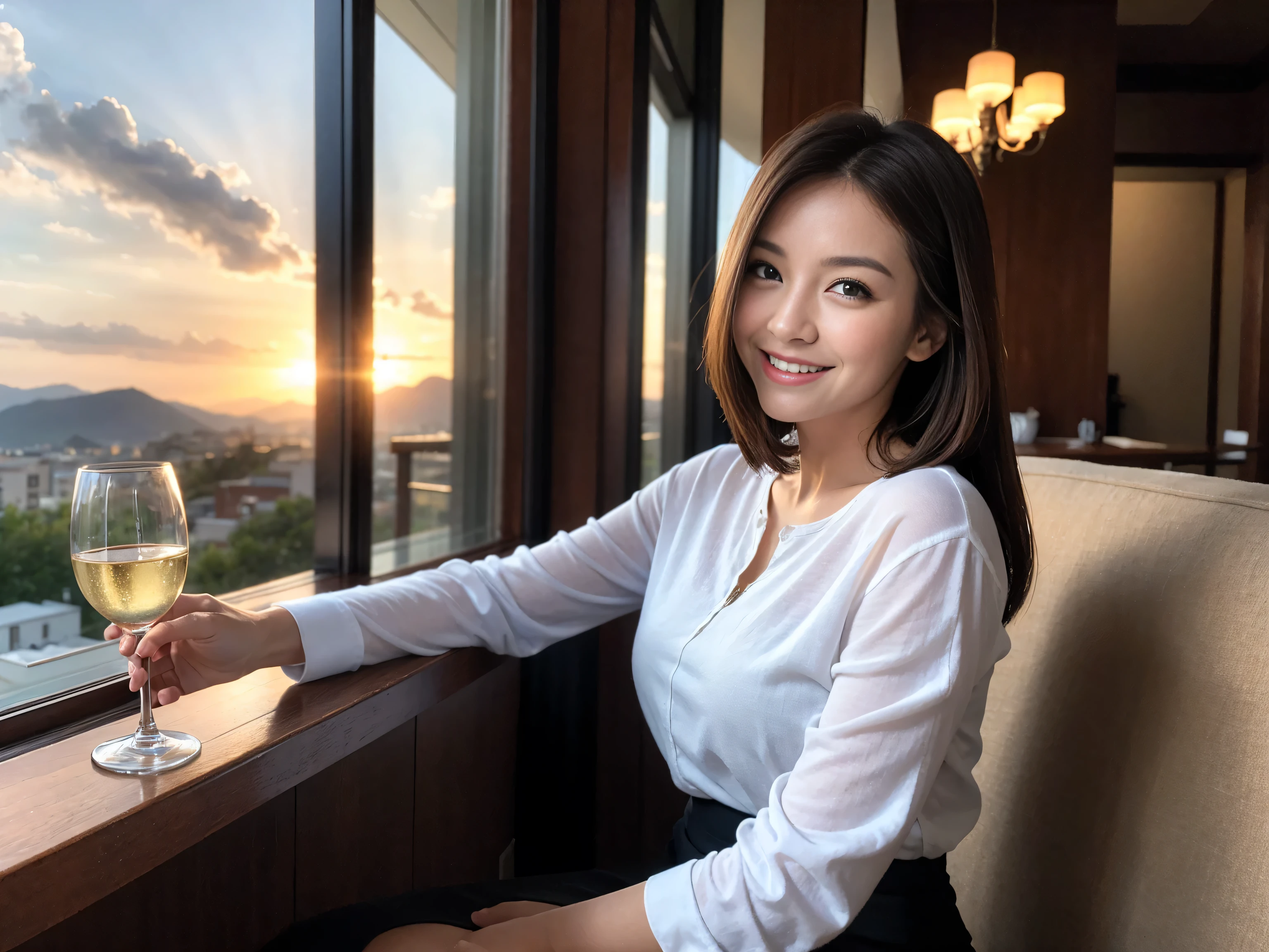 ((highest quality、8k、masterpiece:1.3))、Sharp focus:1.2、Beautiful woman perfect body:1.4、Slim body、((Bob Hale、Straight hair:1.2))、(to be born, highest quality, masterpiece:1.5), (Realistic, Intricate details:1.2), Ultra-high resolution, Shine light on your face、Amazing view of the sunset sky and clouds、Amazing mountain views、A bright smile、wine glass、red wine 、Appetizers、Italian food、Wine bottle、Champagne、sparkling wine、, Beautiful Face, blue eyes, The light shines on your face, Blushing, short hair,Bright Face、Fox face、 (36 years old), 39 years old, Lady、Two beauties、Brown Hair、Shortcuts、Long sleeve shirt、dress、Pretty Woman 1, (Slim face), (The body is slim), (Brown Hair), (Shortcuts), cheeks turn a little red,Attractive beauty、, Out of the window, A beautiful and detailed night view unfolds.........., restaurant, In a prominent place (From the waist up) Nova Frog Style, actress, model, Upper Body, White wine, slim, wine glass, Wine glass placed in the center, smile, (smile: 1.15), Beautiful fine grain, Depth f/2,saturation, High Contrast, Strong light and shadow,Moist Body:1.5、3D texture、Delicate eyes、Brown Hair、The hair is very shiny、