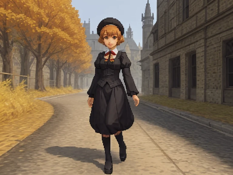  girl, victorian outfit, gothic castle background, playstationretrov2, lowpoly, ps1, pixelated, old graphics, blocky design