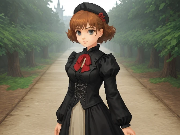  girl, victorian outfit, gothic castle background, playstationretrov2, lowpoly, ps1, pixelated, old graphics, blocky design