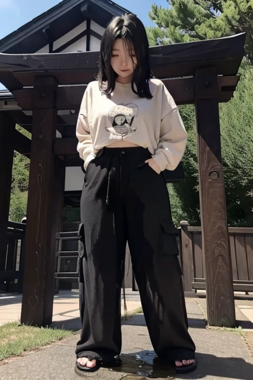 Japanese Girl sees the ghost and pees her black palazzo pants until her pants are wet in fright.