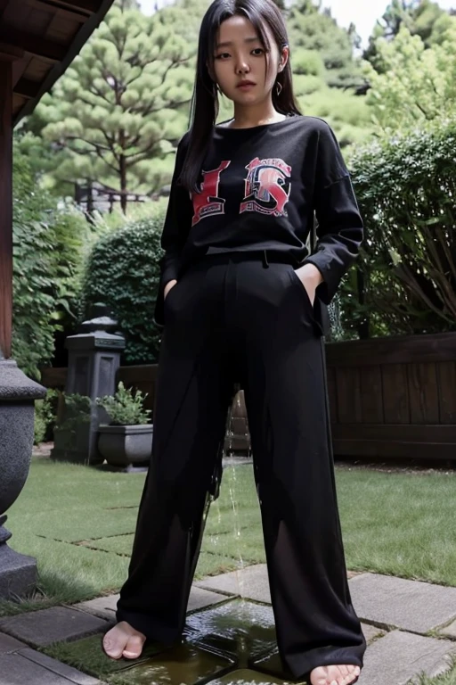Japanese Girl sees the ghost and pees her black palazzo pants until her pants are wet in fright.
