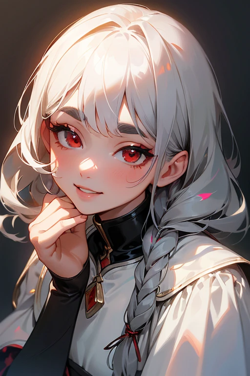(highest quality, masterpiece:1.2), High resolution, 最高masterpiece、Very detailed, Realistic:1.37, Fantasy, An illustration,Gray Hair、 Red eyes、Queen, White Dress、beautifully、Eyeshadow Red、Thick eyebrows、Long eyelashes、pupils are black、shiny on the lips、Top Sites、Queen、Princess、A kind smile、Show your teeth a little and smile、Soft impression、people々Loved by、Slimming the face、Shoulder Bare、Sexy braids、Kissing Face、White long hair、Shaggy Bangs