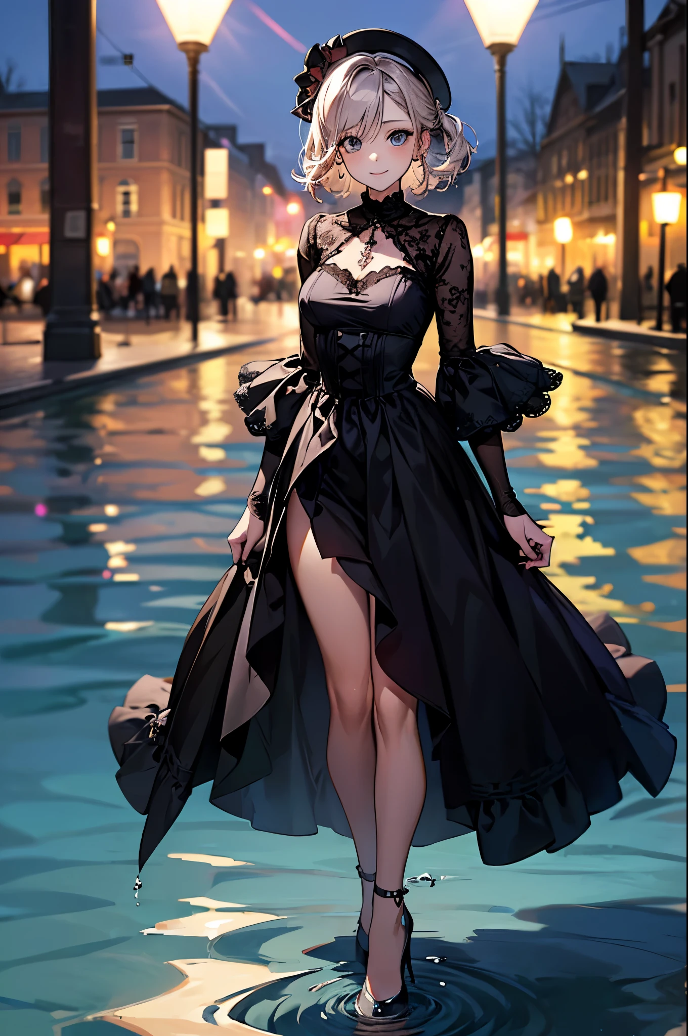 ((Biologically correct limb count))、((whole body including face))、4K、Masterpiece、((Focus on the face))、((Symmetrical, well-proportioned facial features))、Eyes with delicate depictions、(((1 person)))、Beautiful woman、Outstanding style、Slender Body、((Gothic Lolita、Gothic Dress、(High heels)))、(((Standing on the surface of the water)))、(smile)、(Close-up photo of the upper body)、High angle、Night in the city、Walking posture、