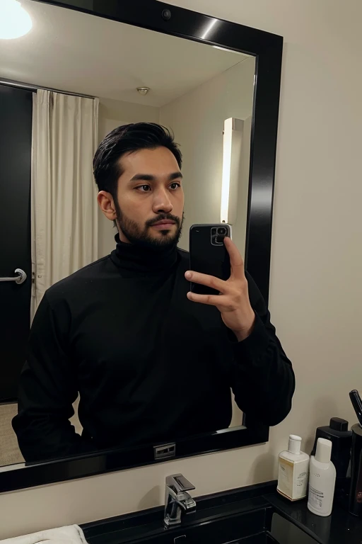 a handsome 30 year old man with an Indonesian face with a thin beard and a slightly fat body, wearing a black jacket and black turtleneck shirt is taking a photo of himself with a Samsung note 20 ultra facing the mirror in a hotel room. The picture is very realistic and super detailed