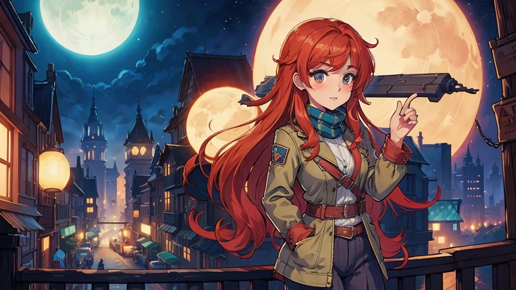 redhead adol christin from ys games wearing adiddas jacket, hands on his pocket, in the city, two moons, at night, anime style, ys art style, nihon falcom art style, 8k