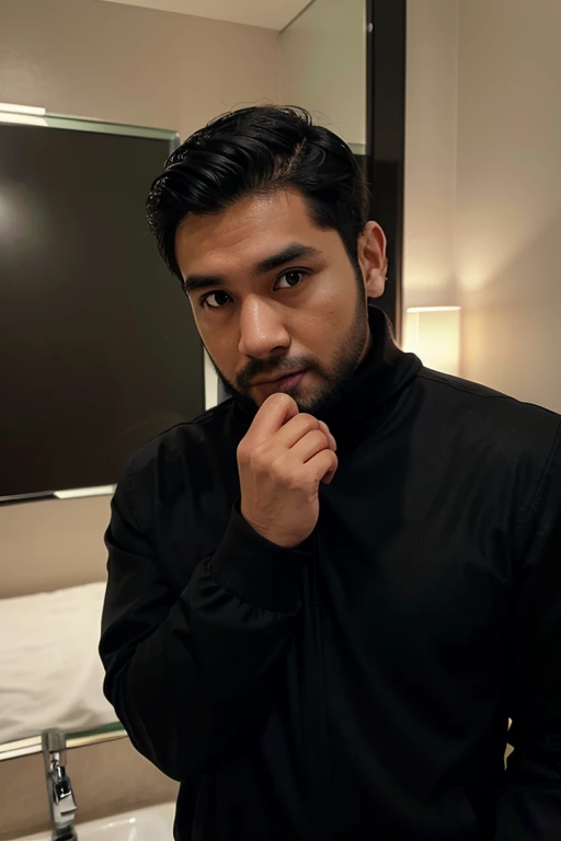a handsome 30 year old man with an Indonesian face with a thin beard and a slightly fat body, wearing a black jacket and black turtleneck shirt is taking a photo of himself with a Samsung note 20 ultra facing the mirror in a hotel room. The picture is very realistic and super detailed