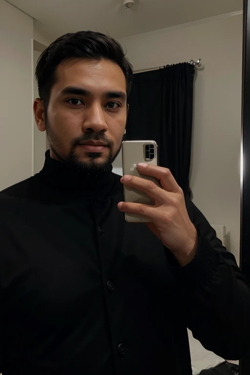 a handsome 30 year old man with an Indonesian face with a thin beard and a slightly fat body, wearing a black jacket and black turtleneck shirt is taking a photo of himself with a Samsung note 20 ultra facing the mirror in a hotel room. The picture is very realistic and super detailed