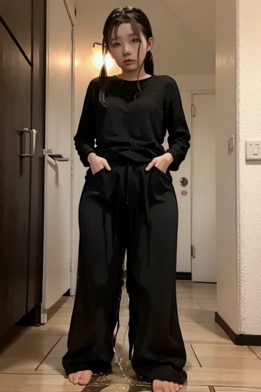 Japanese Girl sees the ghost and pees her black palazzo pants until her pants are wet in fright.