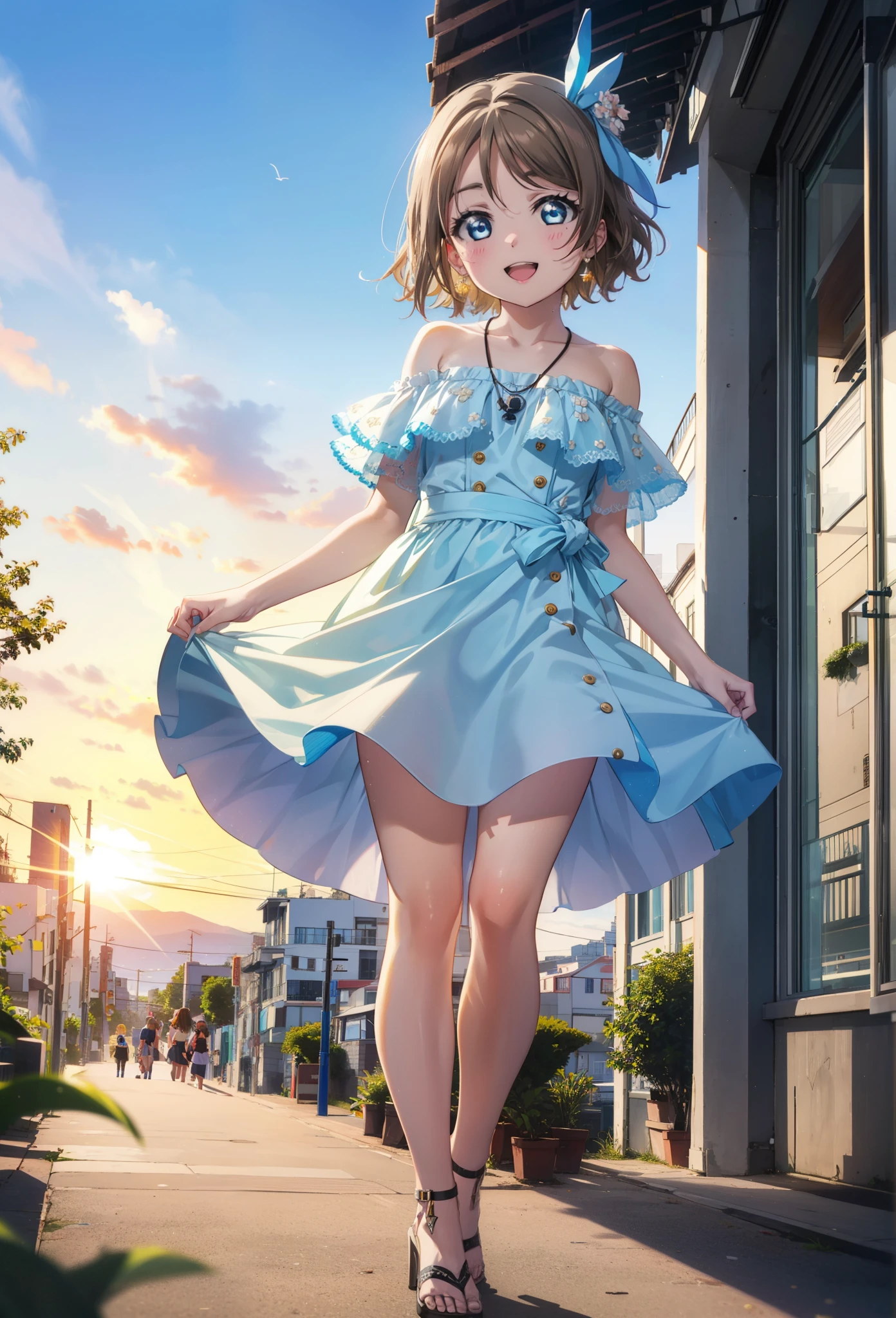 Yo Watanabe, Yu Watanabe, short hair, blue eyes, Brown Hair, smile, happy smile, smile, Open your mouth,Orange hair band,Rocket Pendant,Off-the-shoulder blue dress,Bare neck,Bare shoulders,bare clavicle,Blue long skirt,Cute heeled sandals,evening,Sunset,walking,The sun is setting,whole bodyがイラストに入るように,Looking down from above,
break outdoors, Coastal Road,Building district,
break looking at viewer, whole body,
break (masterpiece:1.2), highest quality, High resolution, unity 8k wallpaper, (figure:0.8), (Beautiful fine details:1.6), Highly detailed face, Perfect lighting, Highly detailed CG, (Perfect hands, Perfect Anatomy),