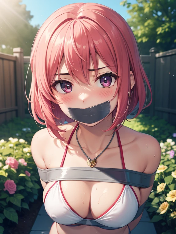 masterpiece, best quality, highres, 1girl, detailed face, blush, anime CG style, (medium breasts), (18 year old girl), good lighting, perfect body, sakura kinomoto, (tape gag), (tape bound), (arms bound), eyes wide, pupils dilated, garden, Swimsuit, necklace, jewelry,