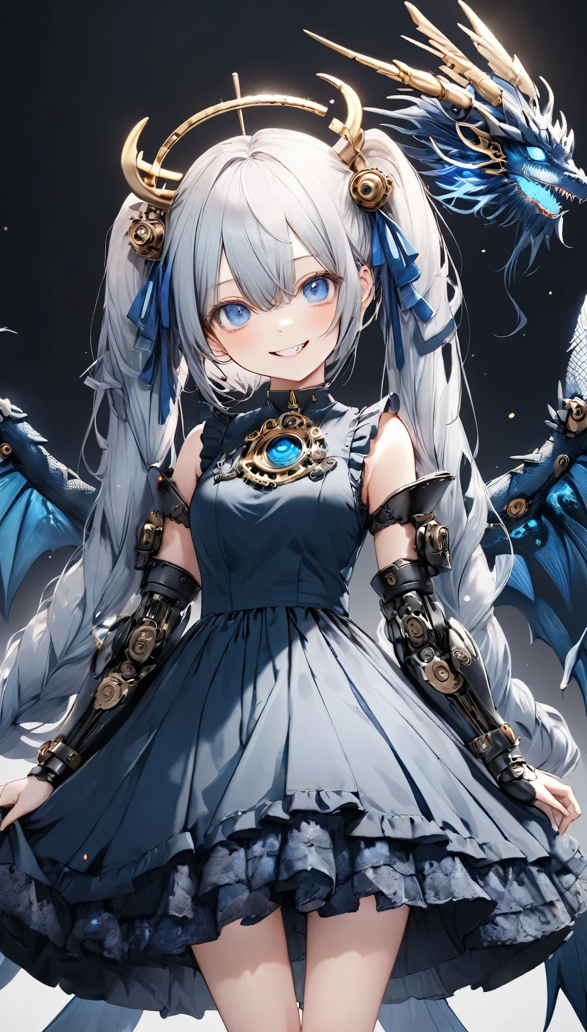 score_9, score_8_up, score_7_up, best quality ,masterpiece, 4k, full body, Japanese anime, 1girl, (white skin:1.2), navy blue hair, twin tails, blue ribbon, (mechanical dragonhorn:1.5), (mechanical wing:1.2), (eye lashes:1.3), (eye shadow:1.3), blue eyes, (beautiful detailed eyes:1.4), (laugh:1.4), 130cm tall, original character, fantasy, (black background:1.2), beautiful fingers, (blue black lace frill armor dress:1.5), (mechanical headgear:1.5) , shoot from front, looking at viewer ,