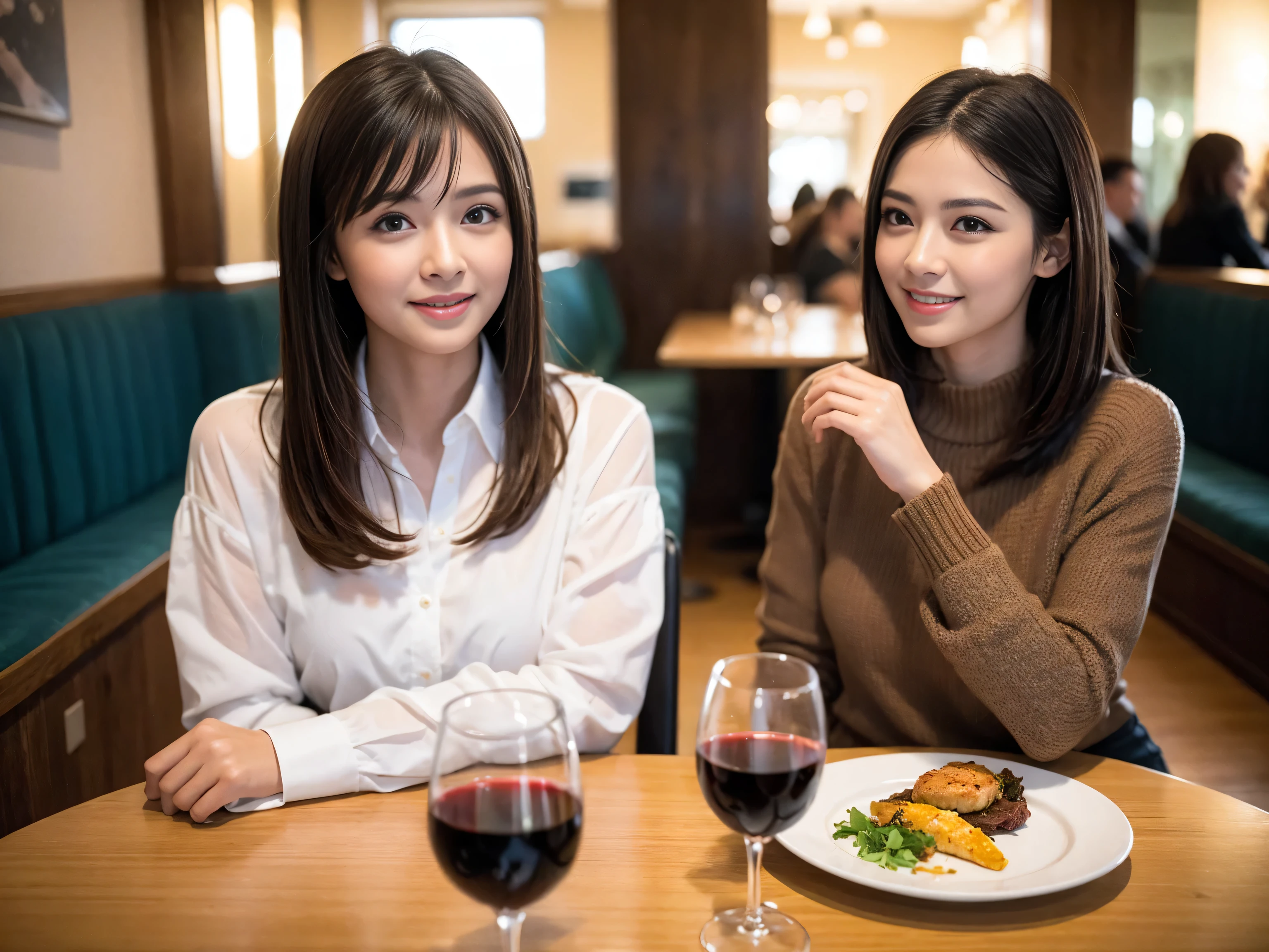 ((highest quality、8k、masterpiece:1.3))、wine 、1 male、1 female、Couple、Lovers Couple、Slim body、((Bob Hale、Straight hair:1.2)), (Realistic, Intricate details:1.2), テーブルにWine Glass、Shine light on your face、 Amazing view of the sunset sky and clouds、Amazing mountain views、A bright smile、The wonderfulness of smile、Bright image、The beauty of wine, Beautiful Face, blue eyes, The light shines on your face, Blushing, short hair,Bright Face、 (Age 37), 39 years old, Red wine 、Appetizers、Italian food、wine bottle、Champagne、Sparkling wine、Two beauties、Brown Hair、Shortcuts、Long sleeve shirt、dress、Pretty Woman 1, (Slim face), (The body is slim), (Brown Hair), (Shortcuts), cheeks turn a little red,Attractive beauty、restaurant, In a prominent place (From the waist up) Nova Frog Style, actress, model, Upper Body, White wine, slim, Wine Glass, 真ん中に置かれたWine Glass, smile, (smile: 1.15), Beautiful fine grain, Depth f/2,saturation, High Contrast, Strong light and shadow,Moist Body:1.5、3D texture、Delicate eyes、Brown Hair、The hair is very shiny、