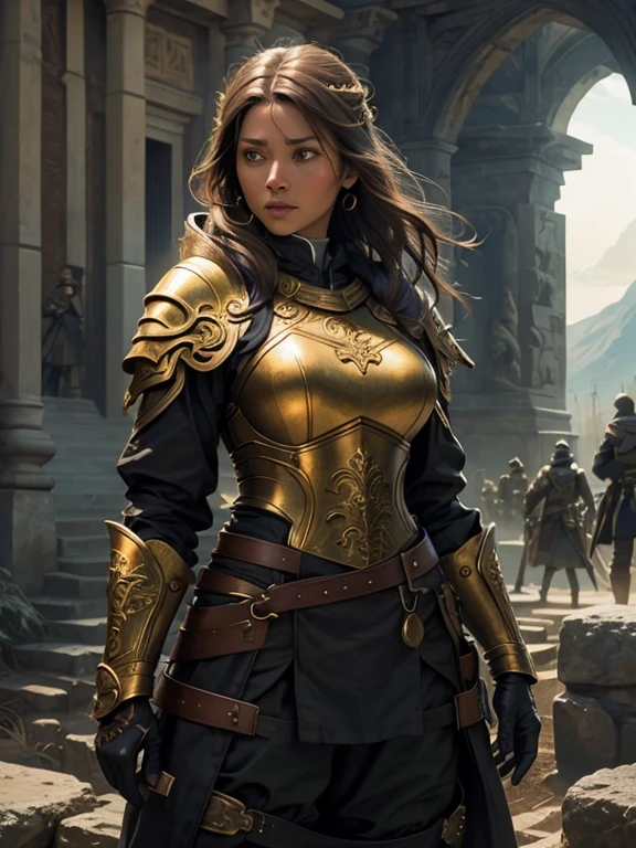 An ultra-realistic, award-winning photograph of a simply beautiful tanned light-brown-haired warrior woman, with a covered ample bust, the perfect Greek nose, and brown eyes, wearing a form-fitting marble gold, and black high-collar hooded tail jacket with black trousers, pronounced ornate golden shoulder guards, and golden bracers, with two sheaths on her lower back. She is showing a little skin, and standing in a garden that overlooks a valley with a walled town at night as a backdrop. The young girl is a nervous Shulamite and a traitorous double agent with no life experience. The image exudes a sense of physical prowess and betrayal, captured in a moment of unyielding determination. Taken with expert precision, this smooth and intricately detailed photograph promises to leave an indelible impression.