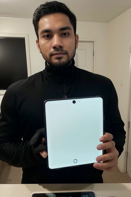 a handsome 30 year old man with an Indonesian face with a thin beard and a slightly fat body, wearing a black jacket and black turtleneck shirt is taking a photo of himself with a Samsung note 20 ultra facing the mirror in a hotel room. The picture is very realistic and super detailed