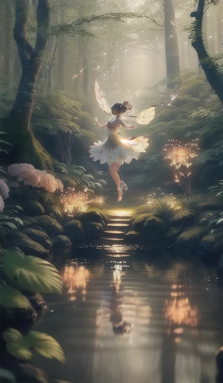 masterpiece,A shining fairy dances in the center, highest quality, (Very detailedなCGユニティ8K壁紙), (highest quality), (Best illustrations), (Best Shadow), Glow Sprite, With the glowing deer, drinking water in the pool, natureの要素 in the forest theme. Mysterious Forest, Beautiful Forest, nature, Surrounded by flowers ,delicate leaf and branches surrounded by fire Fly (natureの要素), (Jungle theme), (leaf), (Twig), (fire Fly), (Particle Effects) wait. 3D , Octane Rendering, Ray Tracing, Very detailed