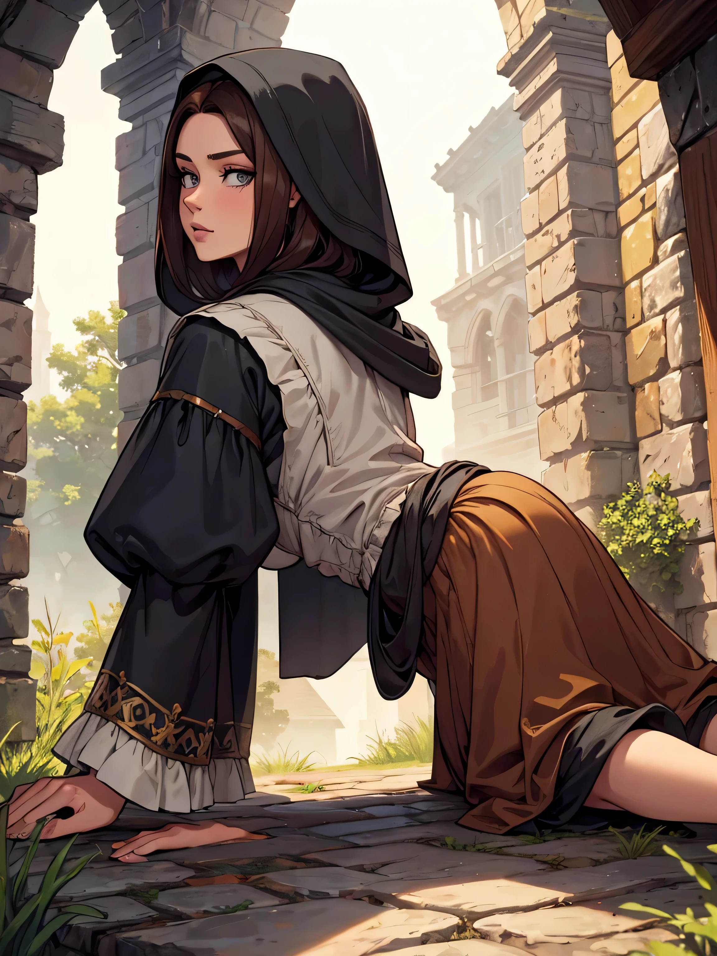 A medieval commoner woman with deep facial features is seen from behind crawling up a slope on all fours, Skirt-type clothing, humid, masterpiece, High resolution, masterpiece