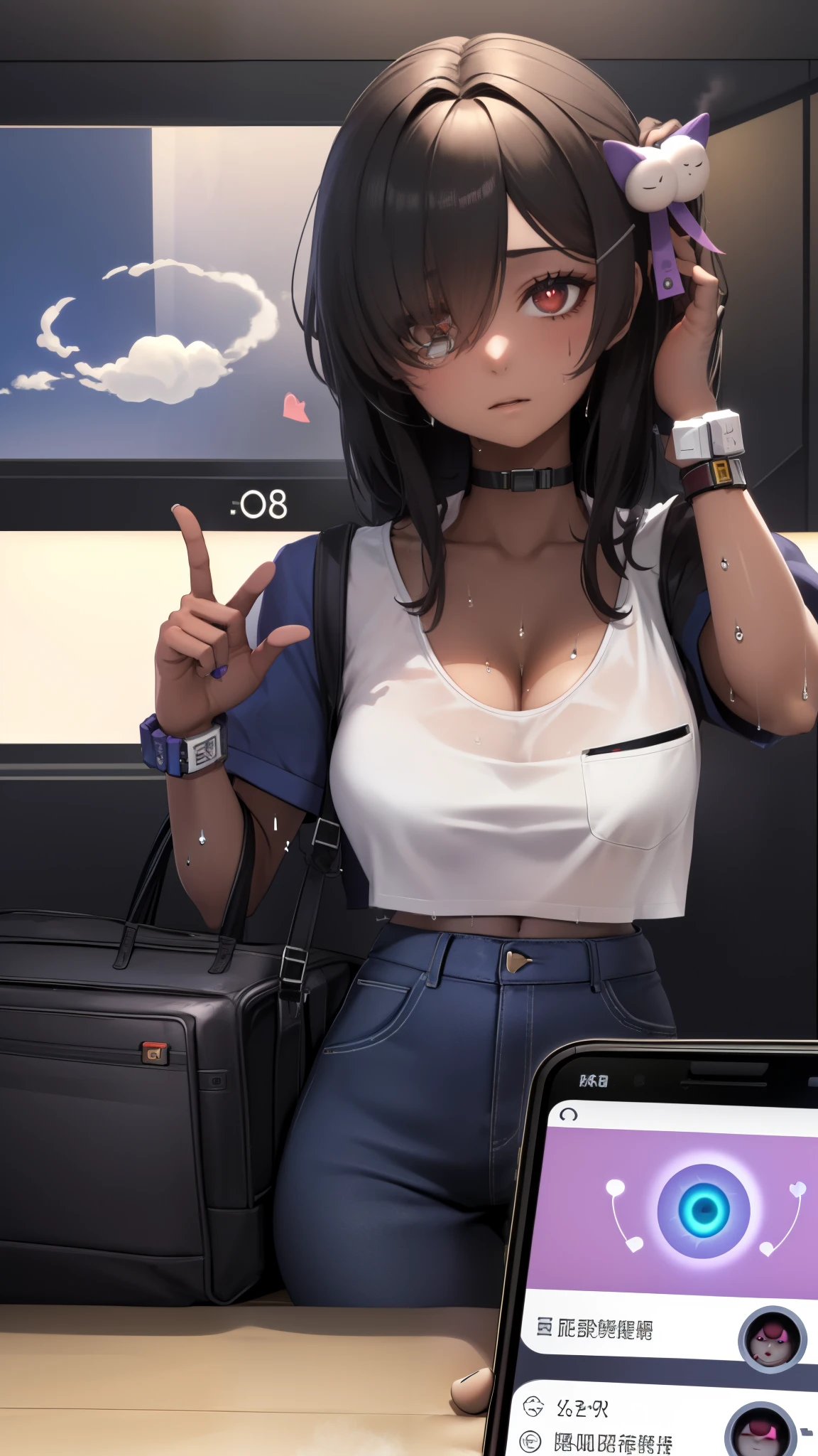 a slender girl with black-blue hair,extremely detailed face and eyes,denim shorts,naked upper body,red tattoos cover her back skin,back angle,best quality,4k,8k,highres,masterpiece:1.2,ultra-detailed,realistic,photorealistic,photo-realistic:1.37,HDR,UHD,studio lighting,ultra-fine painting,sharp focus,physically-based rendering,extreme detail description,professional,vivid colors,bokeh