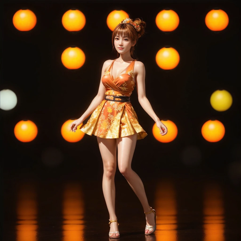Kasumi, brown eyes, (best quality, ultra-detailed), (realistic:1.37), beautiful and detailed face, ultra-realistic texture, delicate face, delicate body, red lipstick, bright colors. High definition, 8K, well defined legs, cute smilling expression