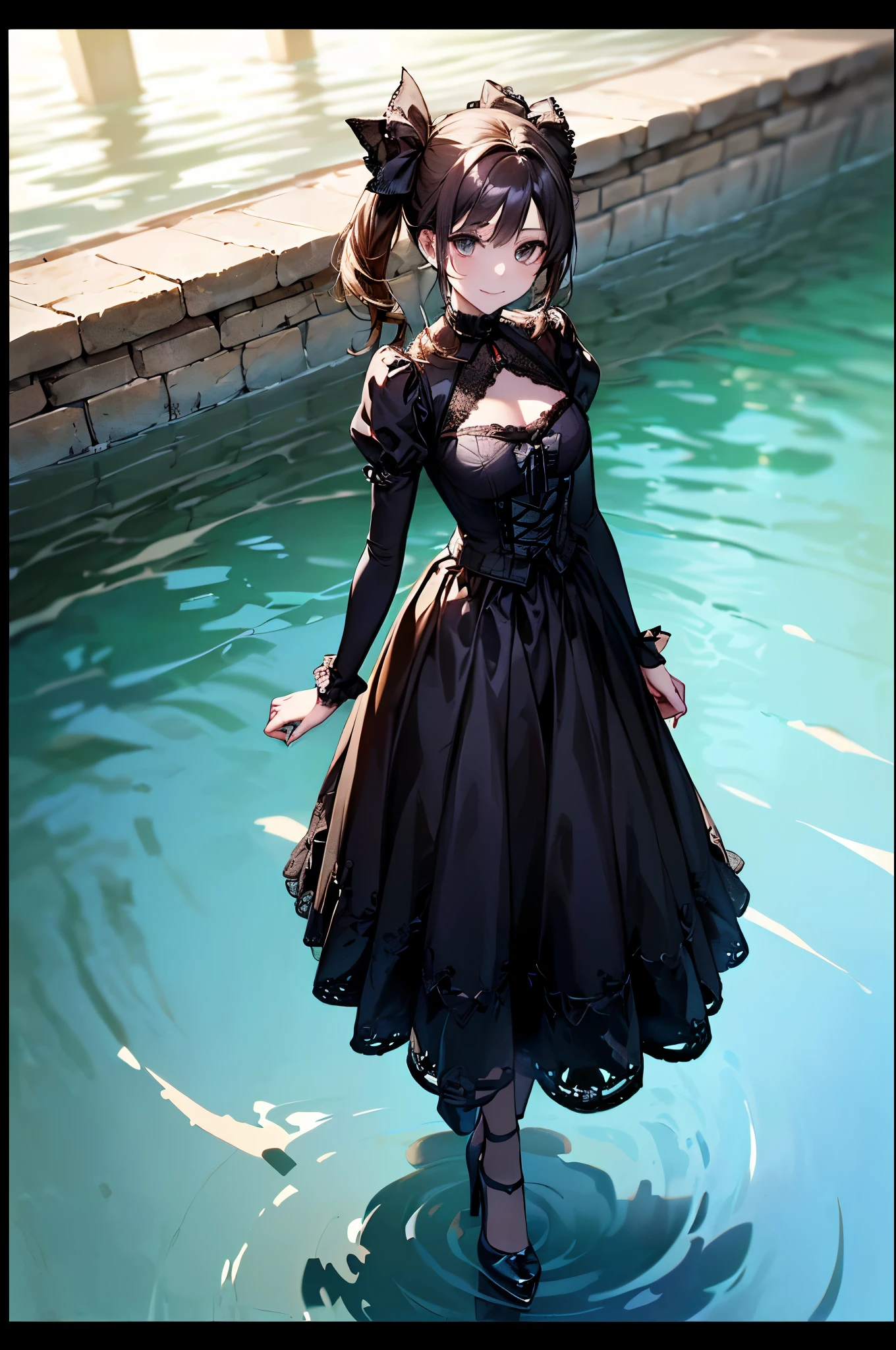 ((Biologically correct limb count))、((whole body including face))、4K、Masterpiece、((Focus on the face))、((Symmetrical, well-proportioned facial features))、Eyes with delicate depictions、(((1 person)))、Beautiful woman、Outstanding style、Slender Body、((Gothic Lolita、Gothic Dress、(High heels)))、(((Standing on the surface of the water)))、(smile）、(Close-up photo of the upper body）、High angle、(((Photos with a white border around them)))、Night in the city、Walking posture、