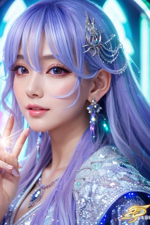 ((highest quality)), ((masterpiece)), (detailed), Perfect Face,kind,Healing,Alluring,fortune teller,Fantastic,vivid,Long Hair,front,Gal,Flashy hair,Wizard,Anime style robe,Silverの瞳,Eyelashes,crystal,(Silver),Angel Wings,Large earrings,crystal,
