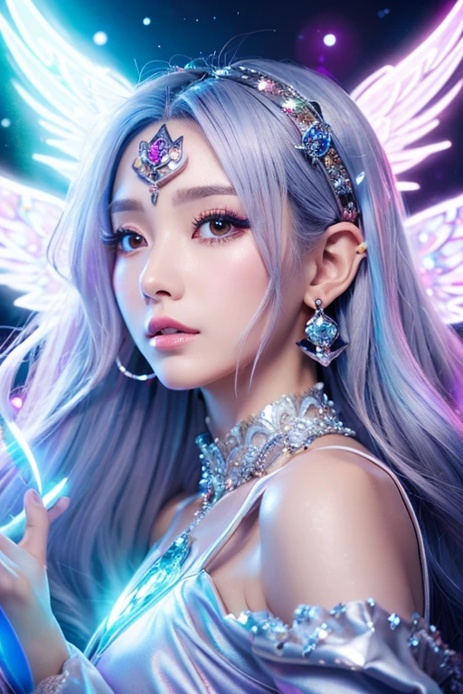 ((highest quality)), ((masterpiece)), (detailed), Perfect Face,kind,Healing,Alluring,fortune teller,Fantastic,vivid,Long Hair,front,Gal,Flashy hair,Wizard,Anime style robe,Silverの瞳,Eyelashes,crystal,(Silver),Angel Wings,Large earrings,crystal,