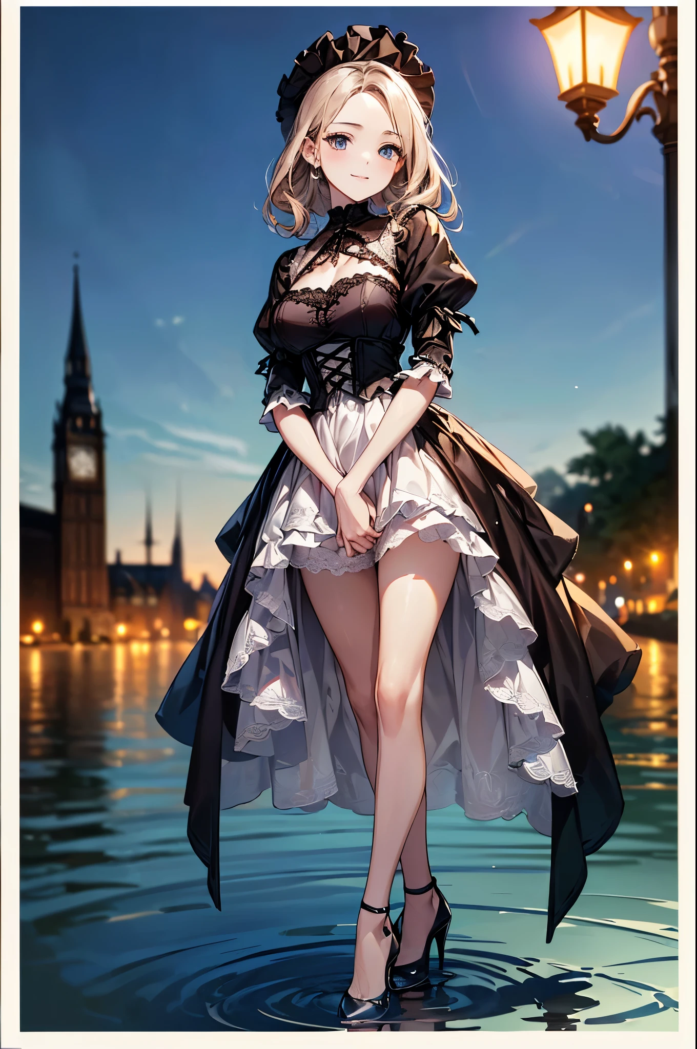 ((Biologically correct limb count))、((whole body including face))、4K、Masterpiece、((Focus on the face))、((Symmetrical, well-proportioned facial features))、Eyes with delicate depictions、(((1 person)))、Beautiful woman、Outstanding style、Slender Body、((Gothic ta、Gothic Dress、(High heels)))、(((Standing on the surface of the water)))、(smile)、(Close-up photo of the upper body)、High angle、(((Photos with a white border around them)))、Night in the city