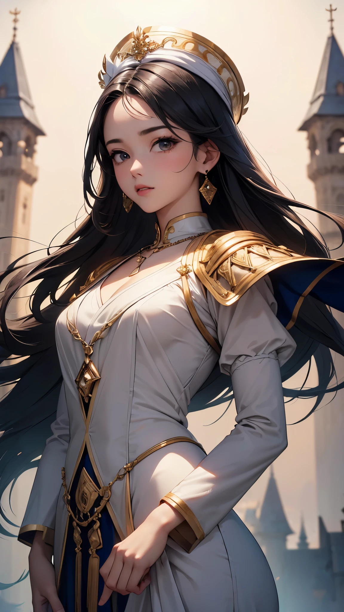 ((Biologically correct limb count))、((Full Body Shot, Full-body photo including face、Head to toe photos))、4K、masterpiece、((Focus on the face))、((Symmetrical facial features))、Eyes of meticulous depiction、Four beautiful women、Excellent style、Beautiful feet、(stockings、High heels with anklets)、Detailed depiction of the face、beret、White prim、Small earrings、necklace、((Close-up photo of the upper body))、(blazer、skirt)、Sky City、Scenery of the old castle、sunset、(Low - Angle)、(Troubled face)、((Thick morning fog all around)、I can't see anything around me)、
