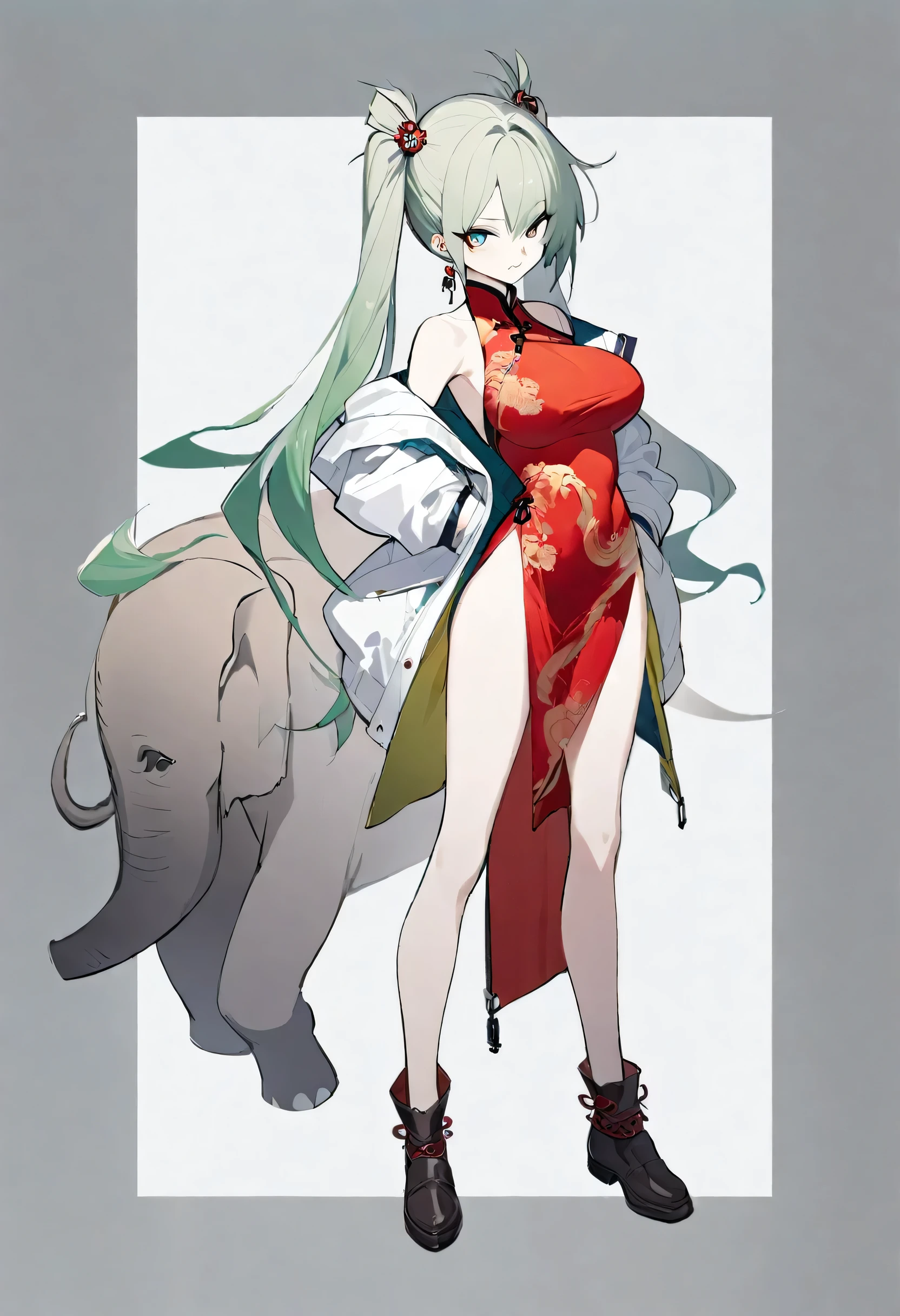 One girl,high ,whole body,Are standing,Dynamic,Concept Art,Sharp Eyes,Her long green hair is tied in two ponytails with a traditional Chinese hair ornament.,Red Chinese dress with elephant embroidery,Black Loafers,shirt,Arknights Wind,Large Breasts,Height: 168cm,cool,Stylish,Fleshy breasts,Toned body,Twin tails,Half Hair,Simple gold earrings,Long bangs,Good posture,Smooth, pale skin,Stylish,Grey Hair,Double teeth,Jacket,Grey Hair,