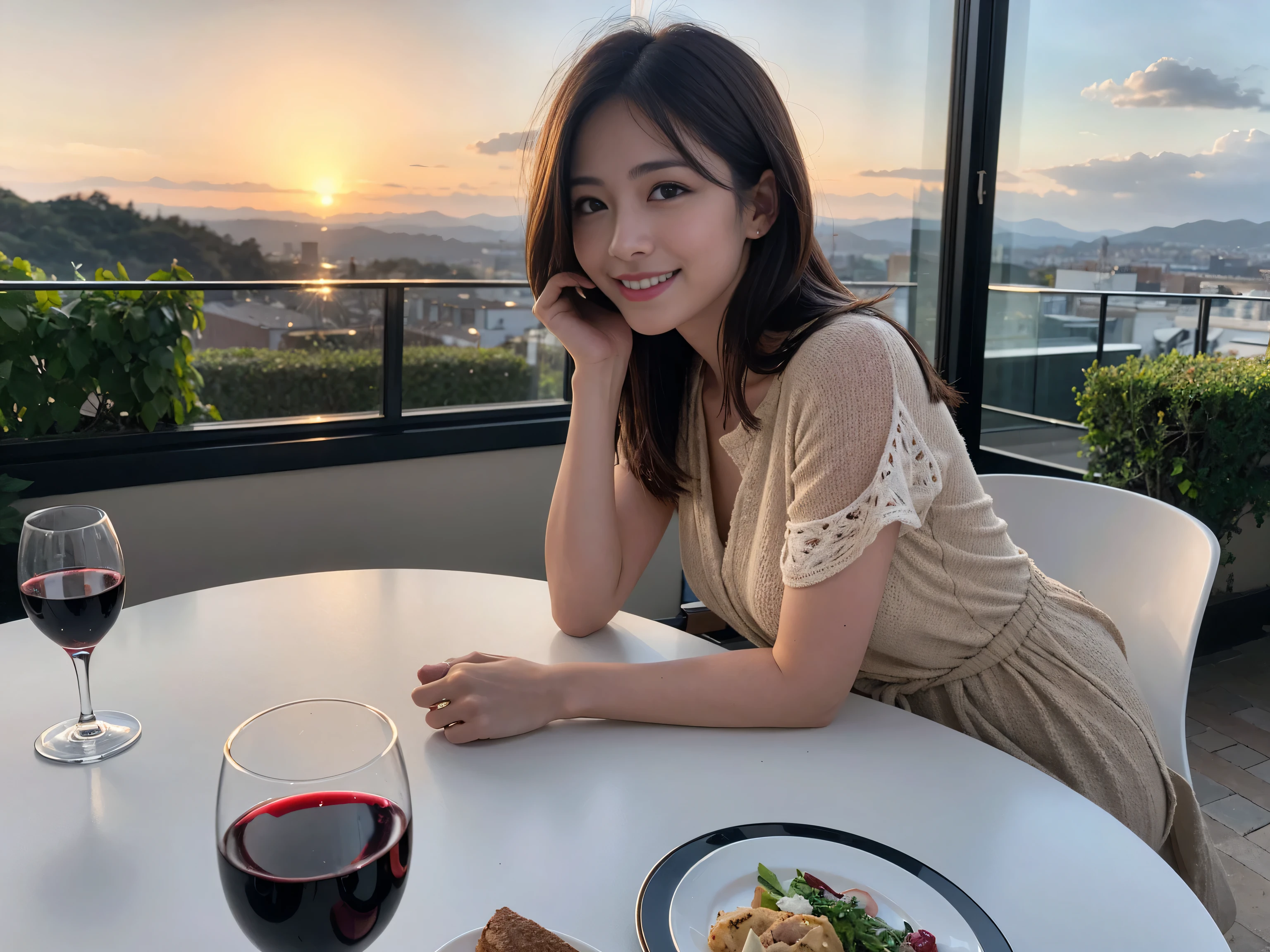 ((highest quality、8k、masterpiece:1.3))、Satomi Ishihara lookalike beauty、1 male、1 female、Couple、Spouse、half、The body is slim、((Bob Hale、Straight hair:1.2)), (Realistic, Intricate details:1.2), Wine glass on the table、Put the light on your face、 Amazing view of the sunset sky and clouds、Amazing mountain views、A bright smile、The wonderfulness of smile、Bright image、The beauty of wine, Beautiful Face, blue eyes, The light shines on your face, Blushing, short hair,Bright Face、 (Age 37), 39 years old, red wine 、Appetizers、Italian food、Wine bottle、Champagne、sparkling wine、Two beauties、Brown Hair、Shortcuts、Long sleeve shirt、dress、Pretty Woman 1, (Slim face), (The body is slim), (Brown Hair), (Shortcuts), cheeks turn a little red,Attractive beauty、restaurant, In a prominent place (From the waist up) Nova Frog Style, actress, model, Upper Body, White wine, slim, wine glass, A wine glass placed in the center, smile, (smile: 1.15), Beautiful fine grain, Depth f/2,saturation, High Contrast, Strong light and shadow,Moist Body:1.5、3D texture、Delicate eyes、Brown Hair、The hair is very shiny、