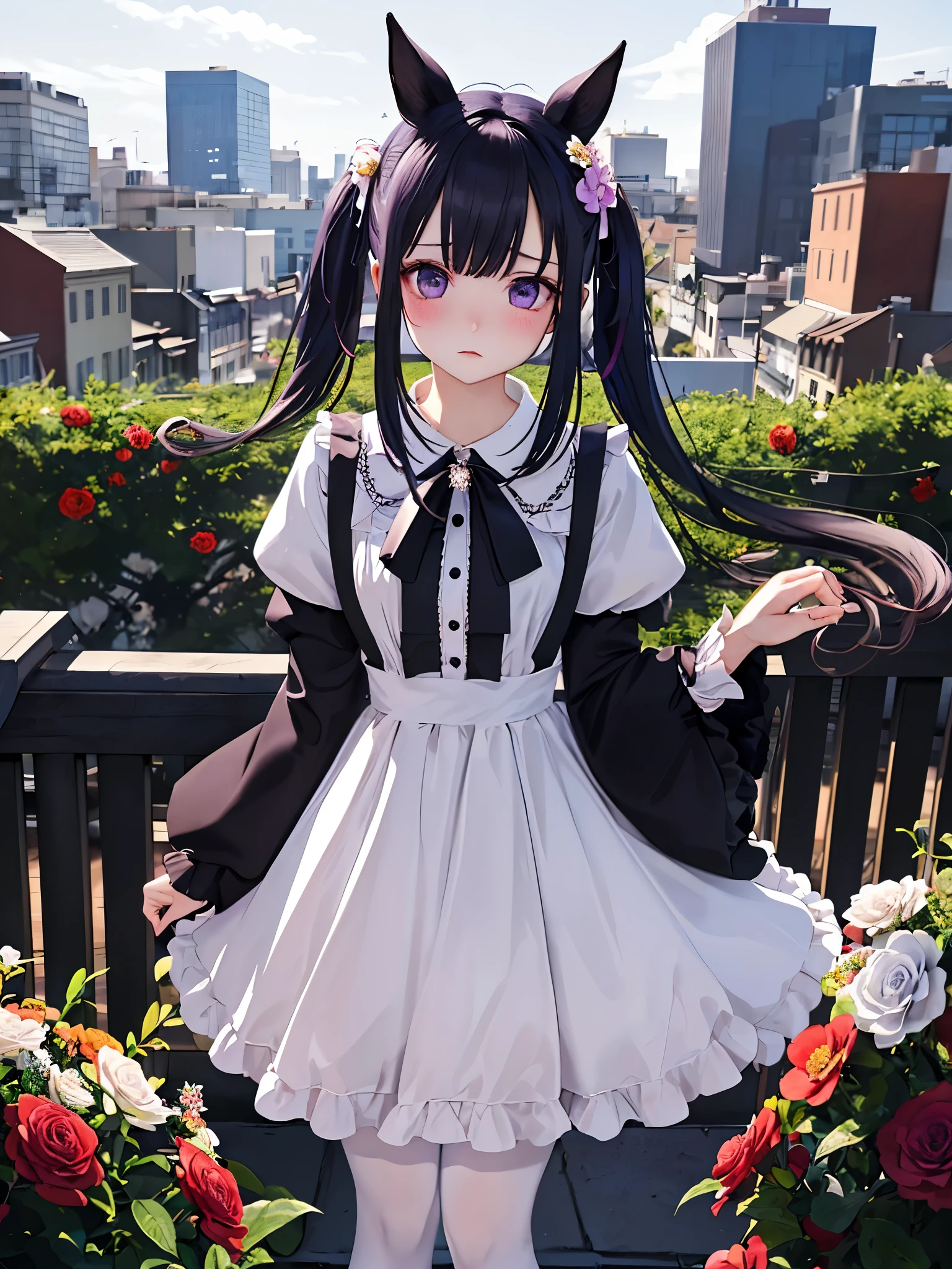 (A masterpie、Best quality、Best quality、offical art、aesthetics:1.2)、(beautiful and magnificent skyline、Majestic sky)、(extremely tense and dramatic pictures、Moving visual effects)、(dinamic pose:1.3、Black Eyes、Shining girl)[:0.8]、((A masterpie、Best quality))、Daiichi Ruby,horse_ear,Red_Eyes,(purple_Dress,purple_skirts), Long dress_skirts,blooms, frill, flowers in hair, Long sleeve, puffy sleeves, Red flowers, solo, White pantyhose,White legwear, Purple skirt、Troubled face、blushes