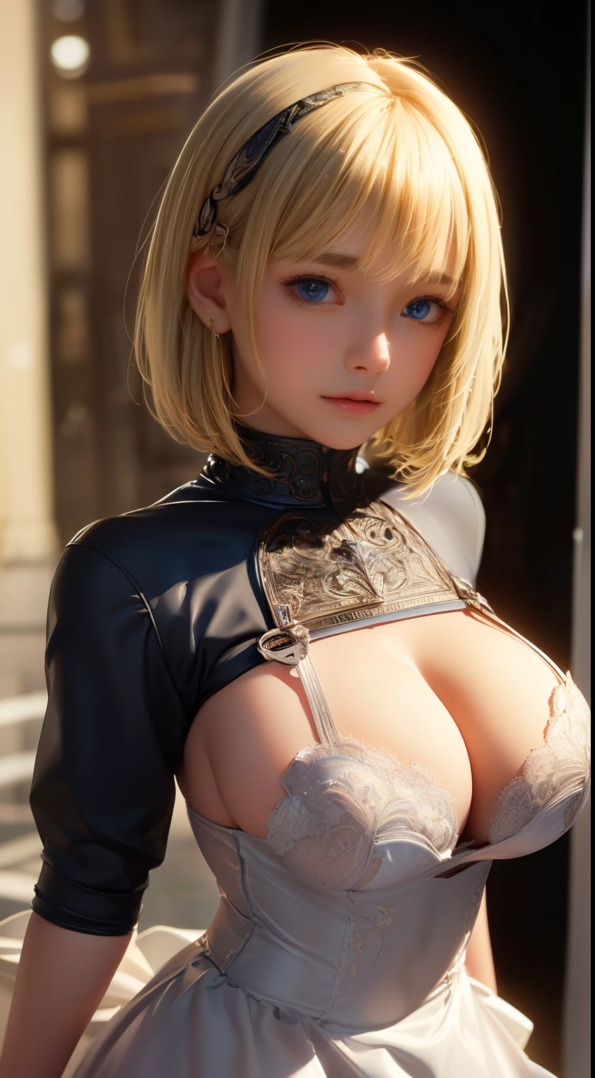 ((Masterpiece, Detailed face, Detailed eyes, detailed anatomy, Oily skin, Fine skin, White skin)), (Masterpiece, Best quality, High quality, Ultra-detailed, extremely details, High Resolution, Super realistic, ultra realistic, Strong lights, Photography, Brighten the subject, Perfect face, Cute Face), 1 adorable girl, solo, looking at viewer, head(blonde hair, pixie cut hair, very short hair, silky hair, blunt bangs), face(sparkling blue eyes), ((Huge breast)), (((Saggy breast:1.5))), looking at viewer with sweet smile, head(blonde hair, pixie cut hair, very short hair, silky hair, blunt bangs), Raw photo, (8K、highest quality、masterpiece:1.2)、(Intricate details:1.4)、(Photorealistic:1.4)、Octane Rendering, Intricate 3D rendering super detailed, studio soft light, Rim Light, Vivid details, Super Detail, Realistic skin texture, Cheek gloss, details face, Very beautiful bright pale blue eyes, Very big eyes, Highly detailed CG Unity 16k wallpaper, perfect beauty, round face, Makeup, (Detailed background:1.2), Shiny skin, Full Body, From head to thighs, Cleavage,