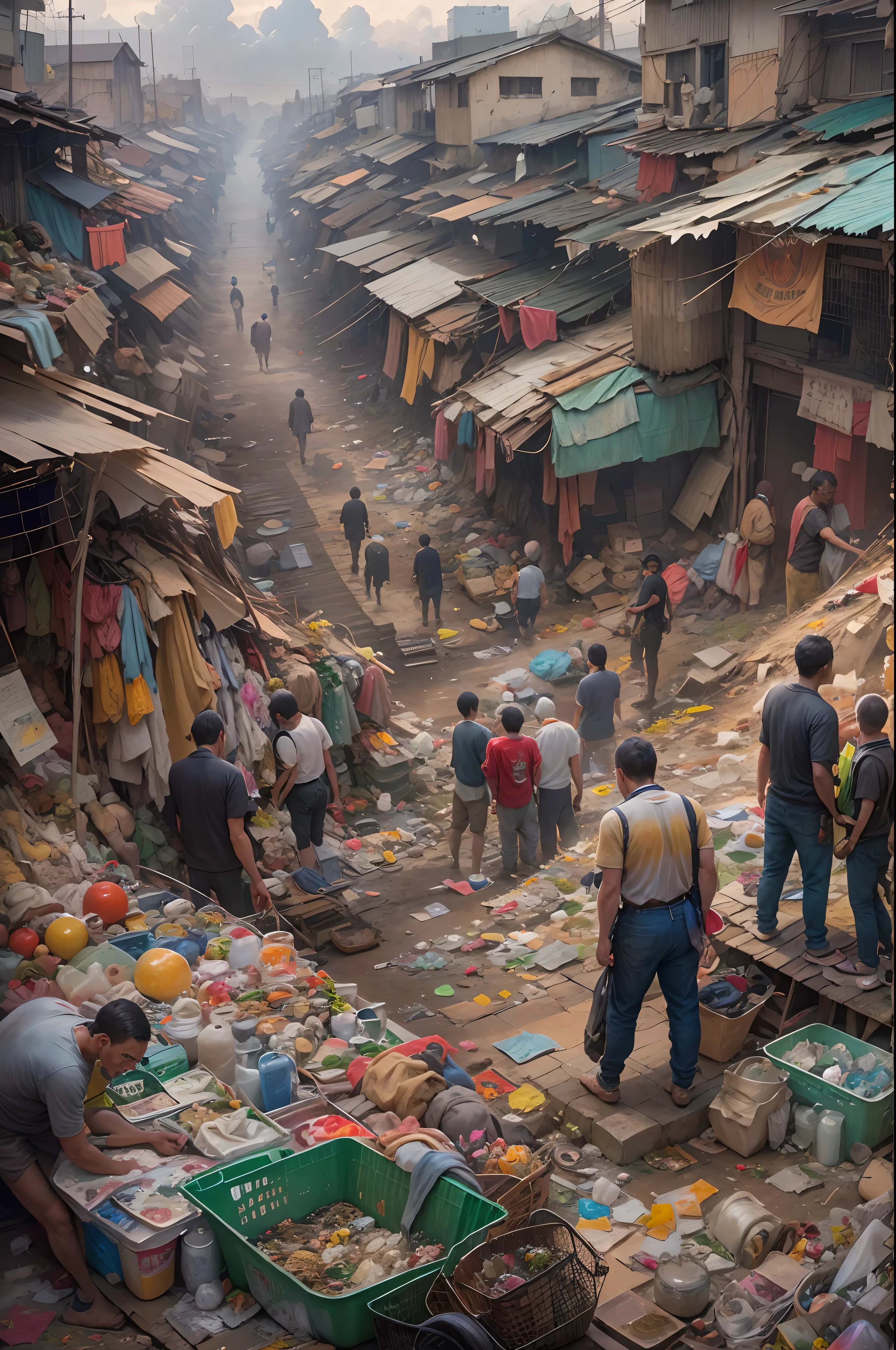 There are many people standing on piles of garbage、Vibrant eco and complex realistic paintings of overpopulated markets、background is a slum、Insanely very detailed artwork。
There are many people standing on piles of garbage, Overpopulated oil painting, A vibrant echo of the market, Intricate realistic paintings, background is a slum, Insanely very detailed artwork, Made of garbage, Ultra-fine detail coating, Hyperrealism Vrubel, Intricate oil painting artwork, Deep dreams, Robert Bereny