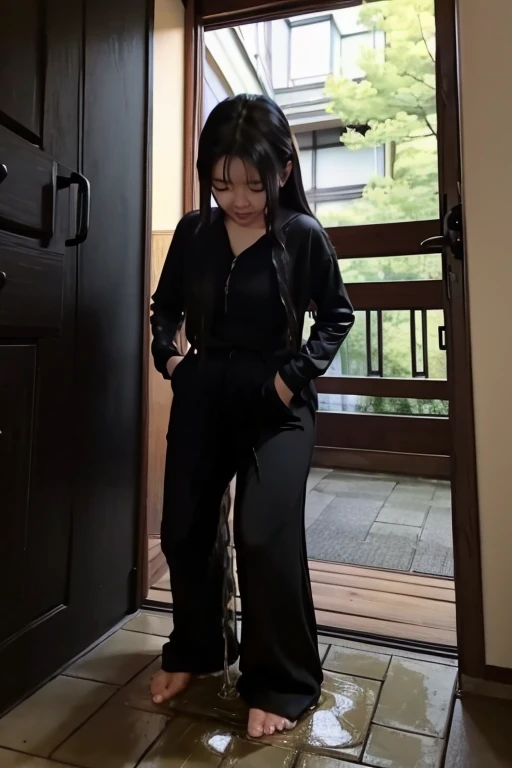 Japanese Girl sees the ghost and pees her black palazzo pants until her pants are wet in fright.