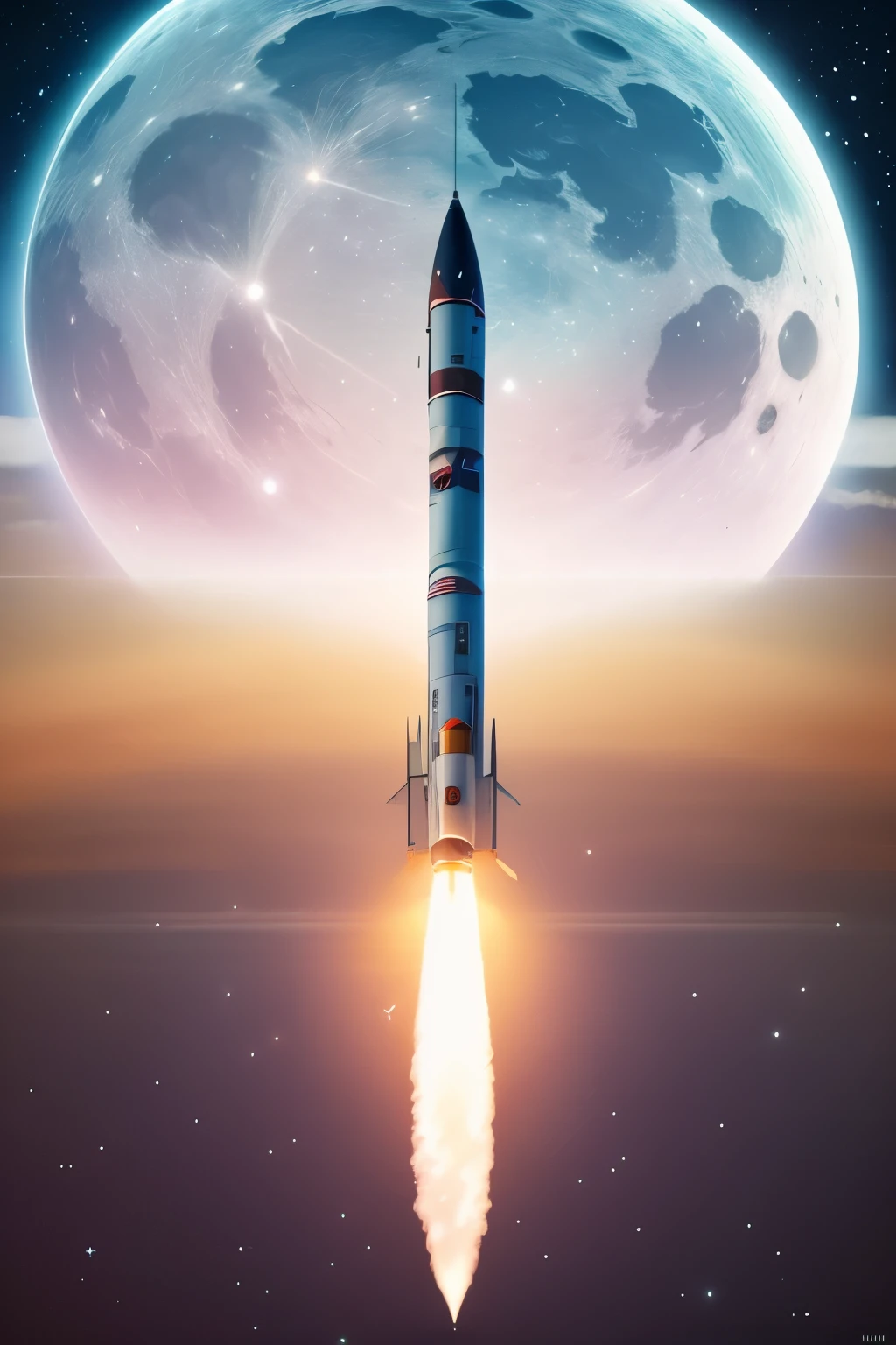 Unreal Engine,A rocket flying,to the moon,In Outer Space,luminous design, pastel colours, spring lights