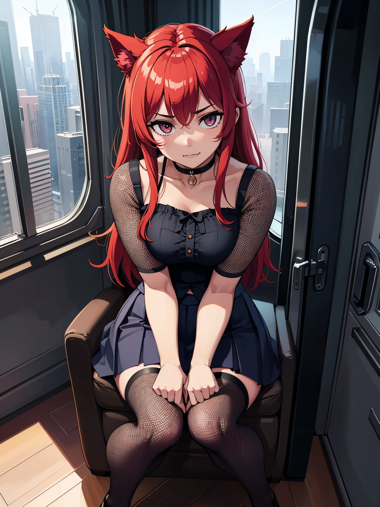 score_9, score_8_up, score_7_up, 32k, 1girl, solo, catgirl, fishnet stockings, pleated skirt, in skyscraper, futuristic interior, looking down on viewer, downwards perspective, moe fang, closed mouth, choker