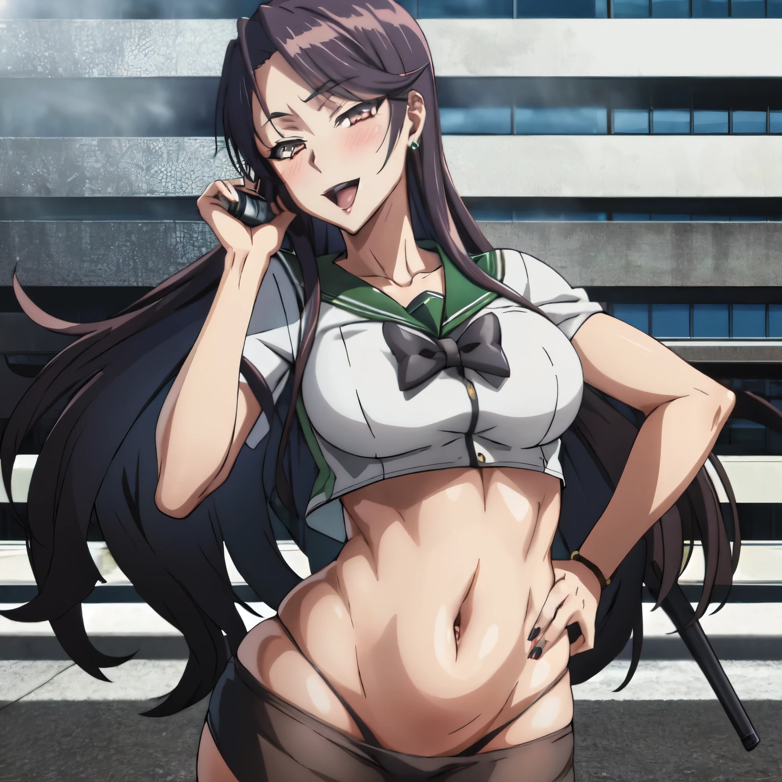2girl, two girl ,long hair, jewelry, earrings, nail polish, wristwatch, large breasts, blush, lipstick, masterpiece, best quality, highly detailed, a anime girls in sailor uniforms with a gun posing for a picture,
evil smile, smile, open mouth,black_serafuku, ecchi anime style, anime girls ,
ecchi style, ecchi, shipgirls, digital anime art!!, high school girls, holding a gun, hold a gun, anime style 4
k, micro skirt, exposed belly, exposed navel, exposed midriff,
exposed lower belly,school, classroom, navel piercing