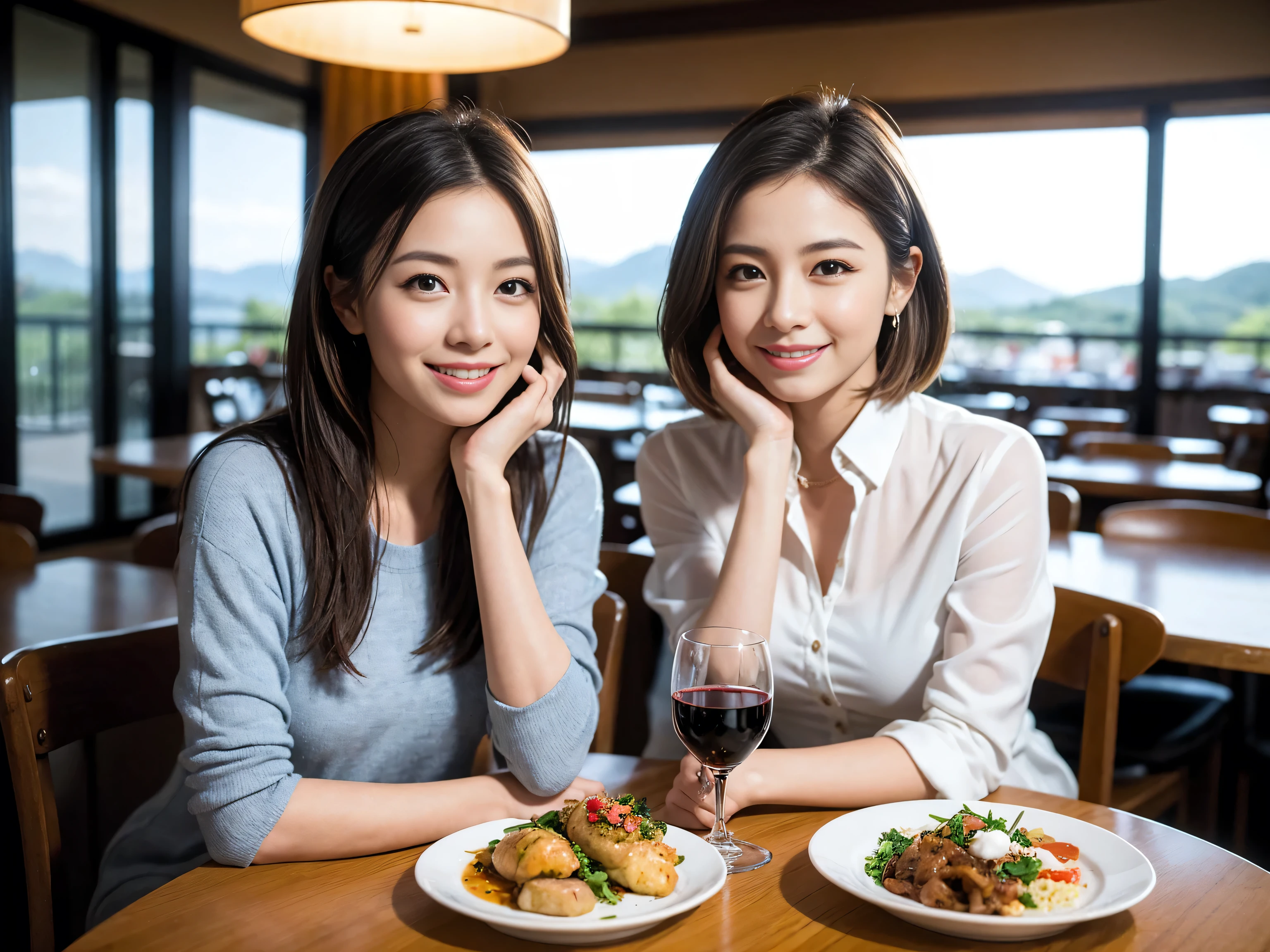 ((highest quality、8k、masterpiece:1.3))、Satomi Ishihara lookalike beauty、1 male、1 female、Couple、Spouse、half、The body is slim、((Bob Hale、Straight hair:1.2)), (Realistic, Intricate details:1.2), Wine glass on the table、Put the light on your face、 Amazing view of the sunset sky and clouds、Amazing mountain views、A bright smile、The wonderfulness of smile、Bright image、The beauty of wine, Beautiful Face, blue eyes, The light shines on your face, Blushing, short hair,Bright Face、 (Age 37), 39 years old, red wine 、Appetizers、Italian food、Wine bottle、Champagne、sparkling wine、Two beauties、Brown Hair、Shortcuts、Long sleeve shirt、dress、Pretty Woman 1, (Slim face), (The body is slim), (Brown Hair), (Shortcuts), cheeks turn a little red,Attractive beauty、restaurant, In a prominent place (From the waist up) Nova Frog Style, actress, model, Upper Body, White wine, slim, wine glass, A wine glass placed in the center, smile, (smile: 1.15), Beautiful fine grain, Depth f/2,saturation, High Contrast, Strong light and shadow,Moist Body:1.5、3D texture、Delicate eyes、Brown Hair、The hair is very shiny、